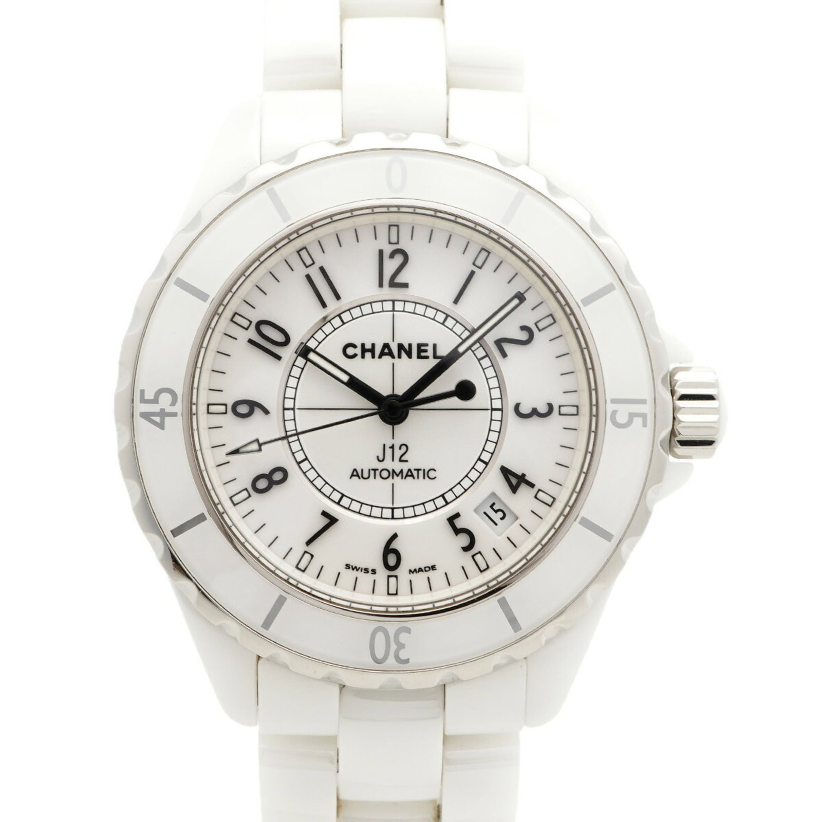 Chanel Wristwatch: Chanel Wristwatch Ceramic band and white dial make for a sleek, modern look in this Chanel wristwatch. The 38.9mm case size fits wrists up to 17.5cm, offering a comfortable fit for most users. With so