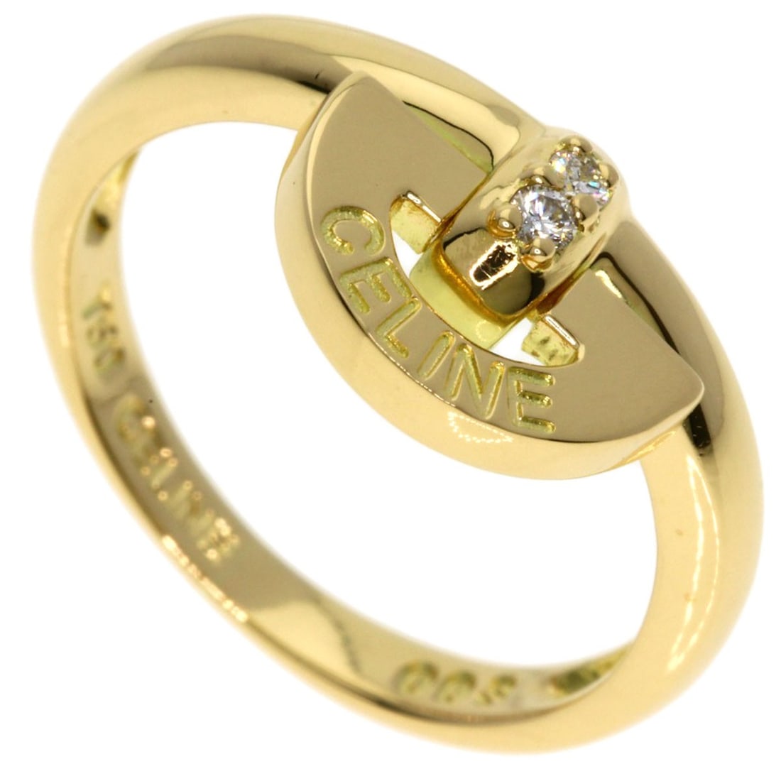 Diamond Ring Celine Logo K18 Yellow Gold: Diamond Ring Celine Logo K18 Yellow Gold K18 Yellow Gold diamond ring from CELINE, featuring a D color diamond with a total carat weight of 0.03ct, set in a gold band with a ring size of 4.5(US). This