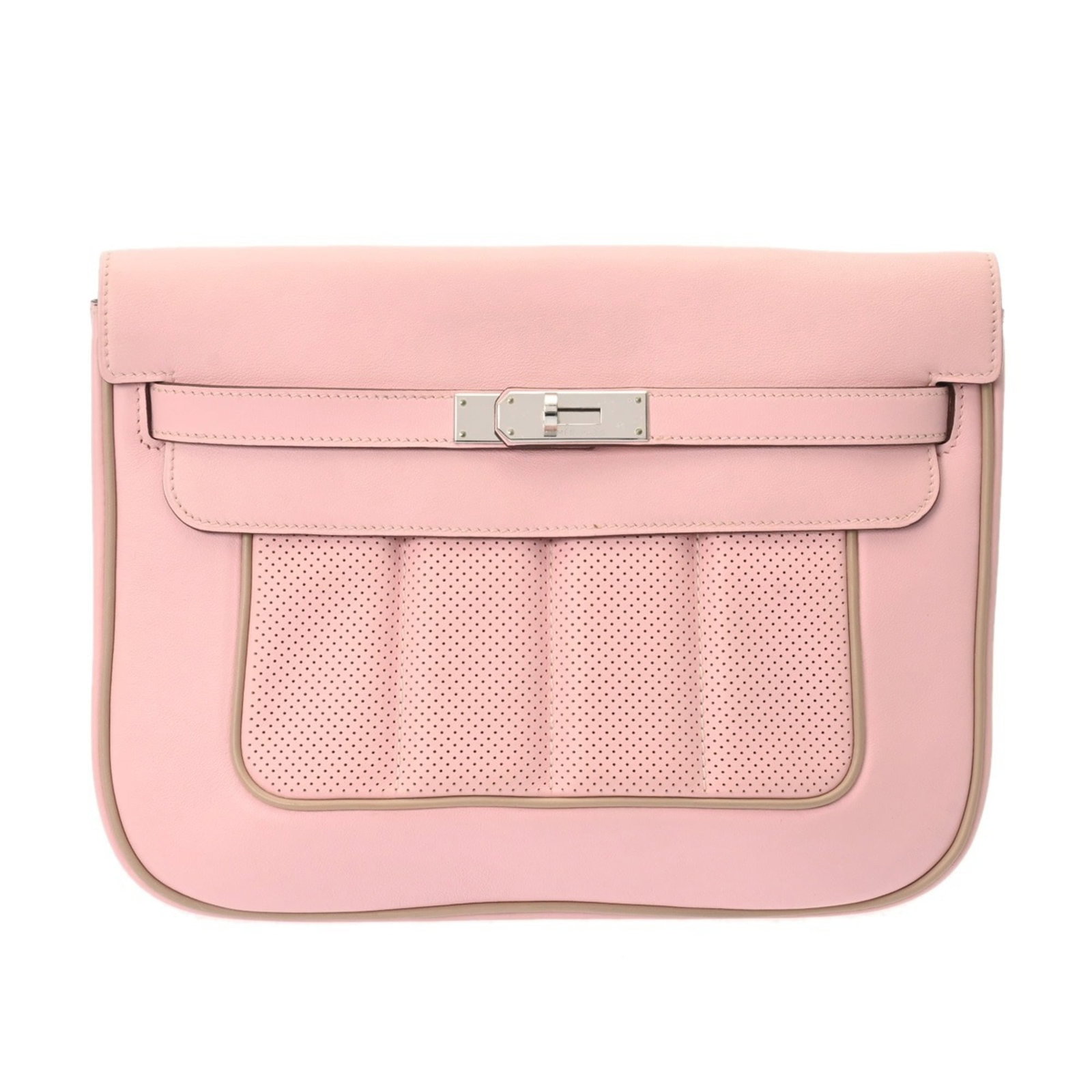 Swift leather shoulder bag by Hermes: Swift leather shoulder bag by Hermes Swift leather shoulder bag by Hermes, featuring swift leather material and rose sakura color. This used condition bag has traces of usage with scratches/dirt