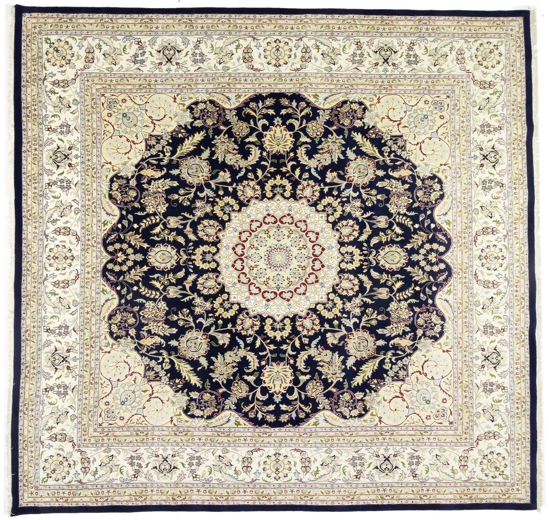 11x11 Floral Indo-Nain Oriental Rug Hand-Knotted Dark Navy Square 11'3X11'7: 11x11 Floral Indo-Nain Oriental Rug Hand-Knotted Dark Navy Square 11'3X11'7 Hand-Knotted Dark Navy Square Rug with Unique Floral Indo-Nain Oriental Design, measuring 11'3" x 11'7". This eco-friendly
