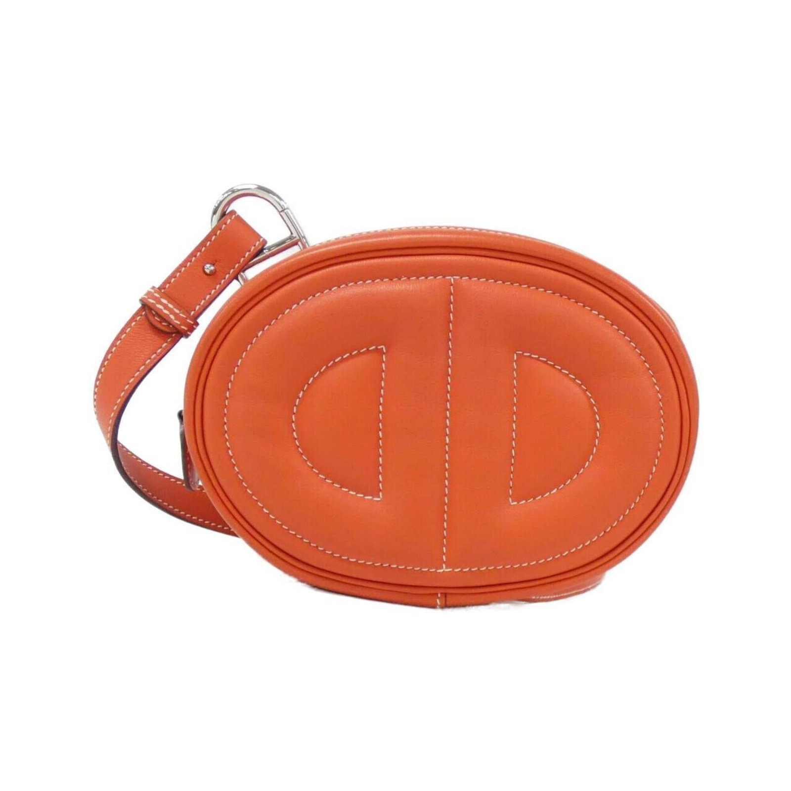 Swift leather shoulder bag by Hermes: Swift leather shoulder bag by Hermes Swift leather shoulder bag by Hermes, featuring swift leather material in capucine color. This used condition bag has some scratches and dirt but remains in very