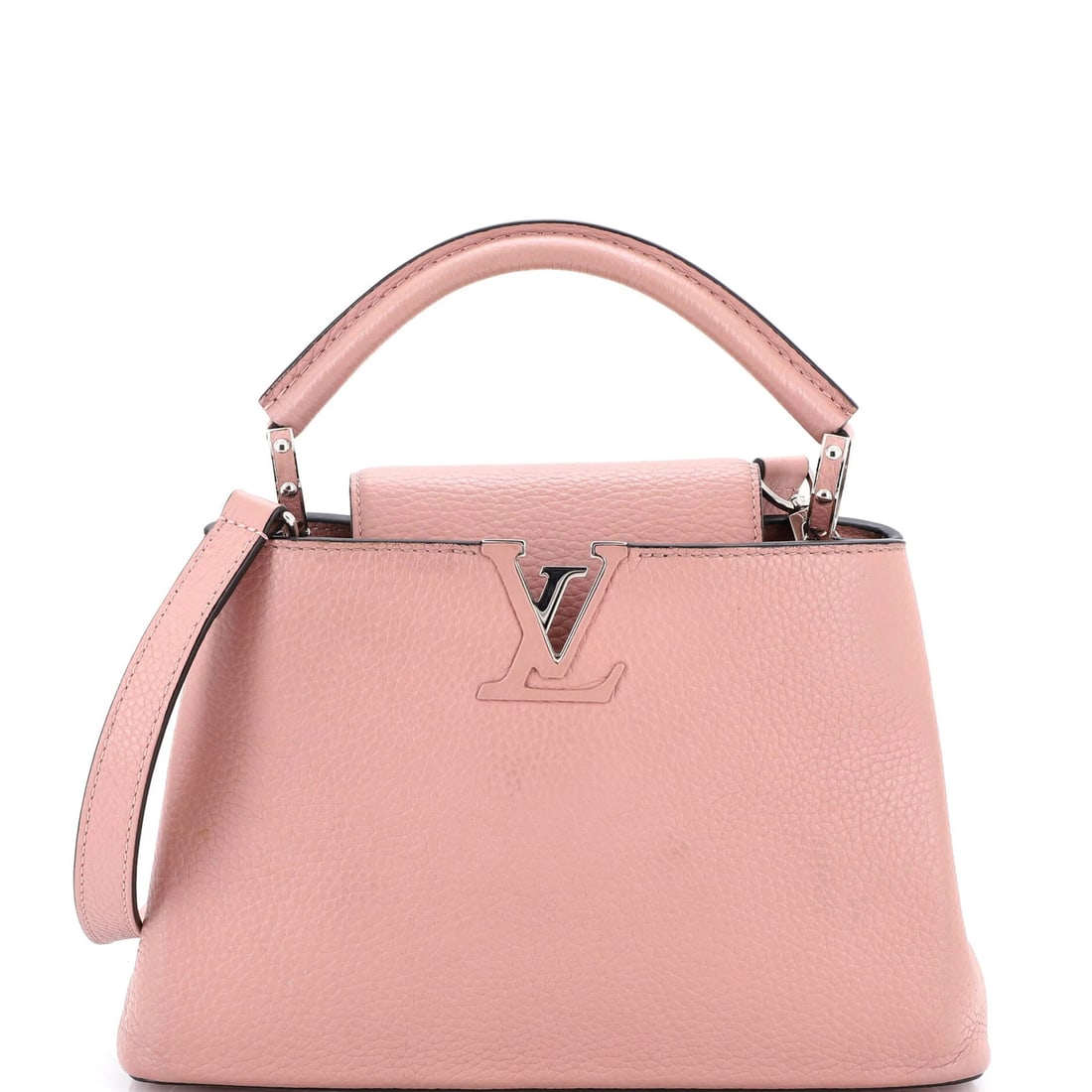 Capucines Leather Bag Louis Vuitton: Capucines Leather Bag Louis Vuitton The Louis Vuitton Capucines Leather Bag in pink leather features a classic top handle design with a silver hardware accent. With its signature monogram pattern and 