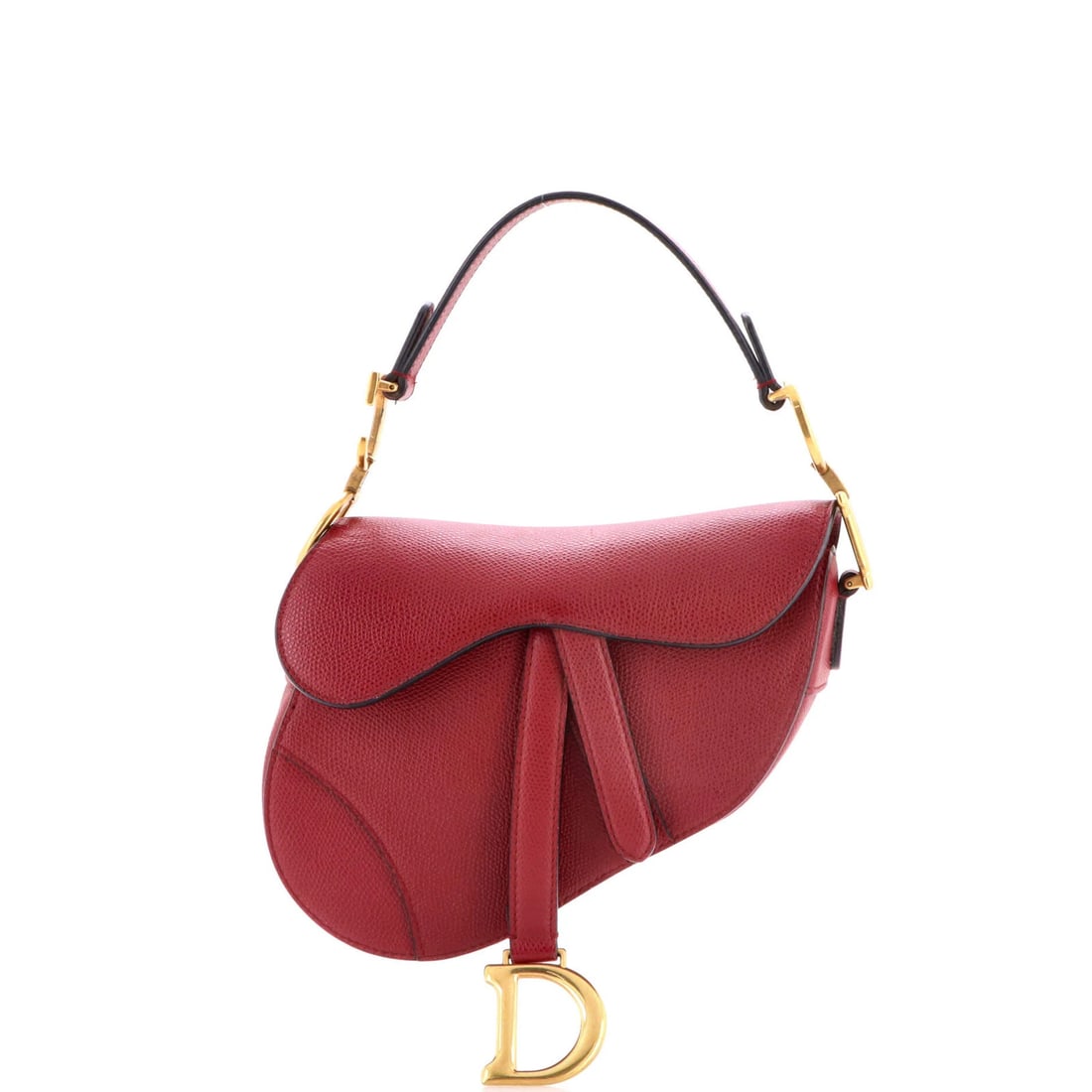 Mini leather saddle handbag by Christian Dior: Mini leather saddle handbag by Christian Dior Mini leather saddle handbag by Christian Dior in rich red exterior, featuring classic shoulder bag style with aged gold hardware and suede interior. The b