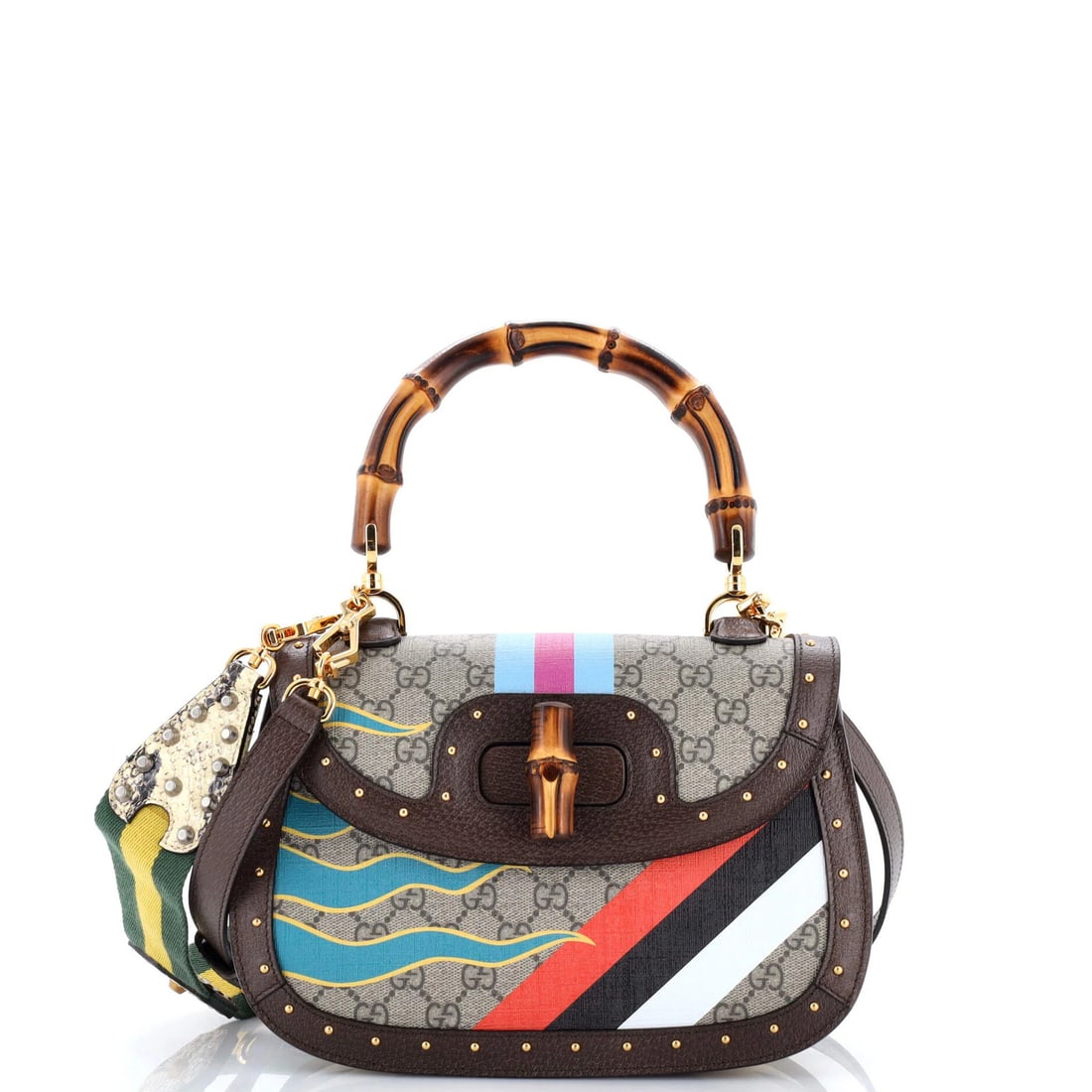 Gucci Bamboo 1947 Top Handle Bag Printed GG Coated Canvas and Studded Leather: Gucci Bamboo 1947 Top Handle Bag Printed GG Coated Canvas and Studded Leather Brown Gucci Bamboo 1947 Top Handle Bag with Printed GG Coated Canvas and Studded Leather, featuring a classic shoulder bag