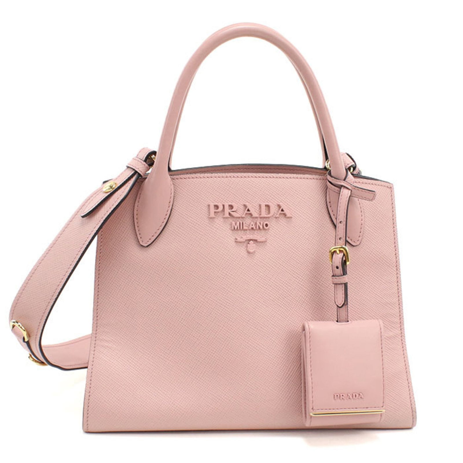 Tote Bag Leather by Prada: Tote Bag Leather by Prada Pink Prada tote bag made from high-quality leather, featuring gold hardware. The bag has a few traces of usage and some scratches/dirt, but remains in very good condition