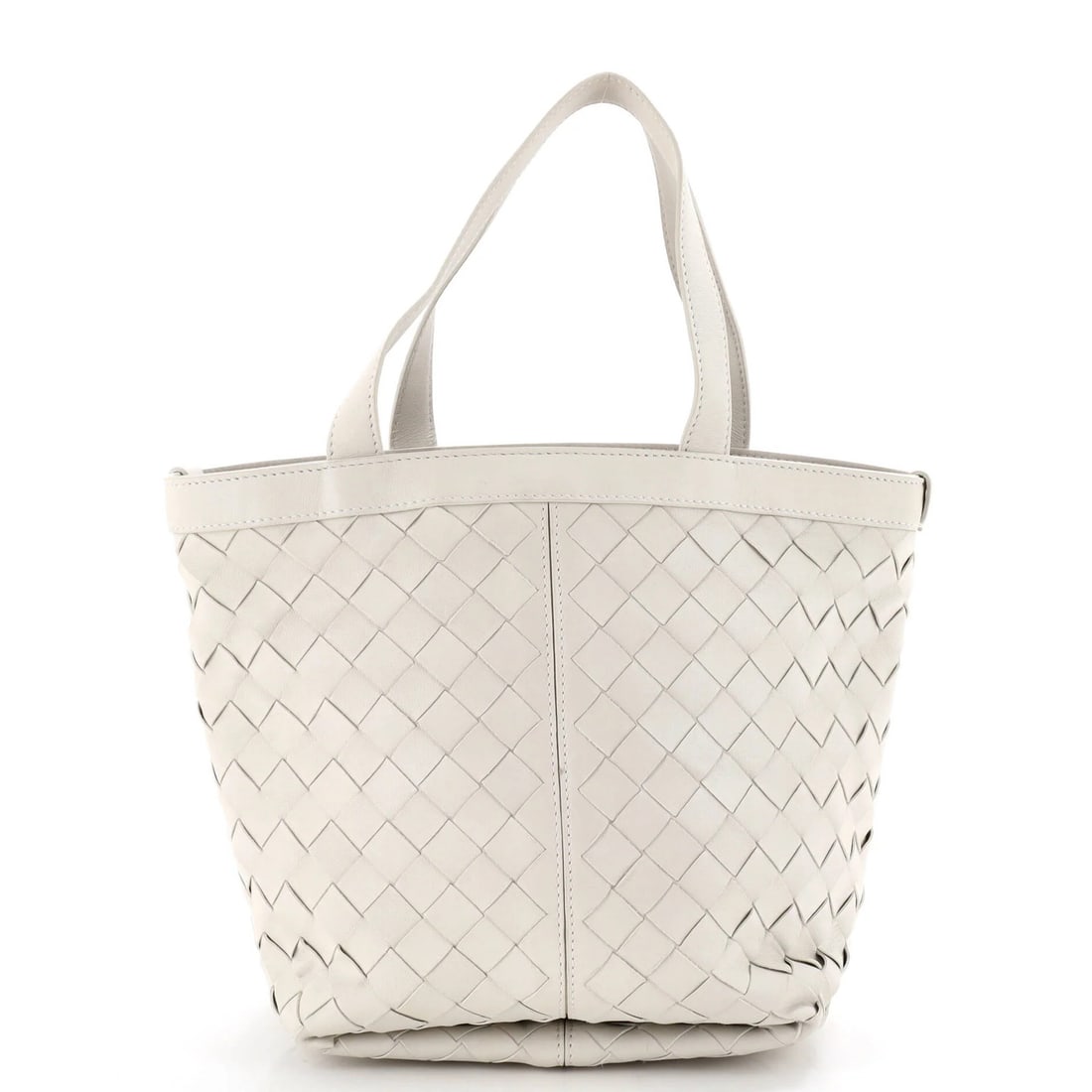 Veneta Leather Tote Flip Intrecciato Small Bottega: Veneta Leather Tote Flip Intrecciato Small Bottega Small Bottega Veneta Flip Flap Tote in Intrecciato Leather, featuring a classic design with a white exterior and gold hardware. This small tote measu