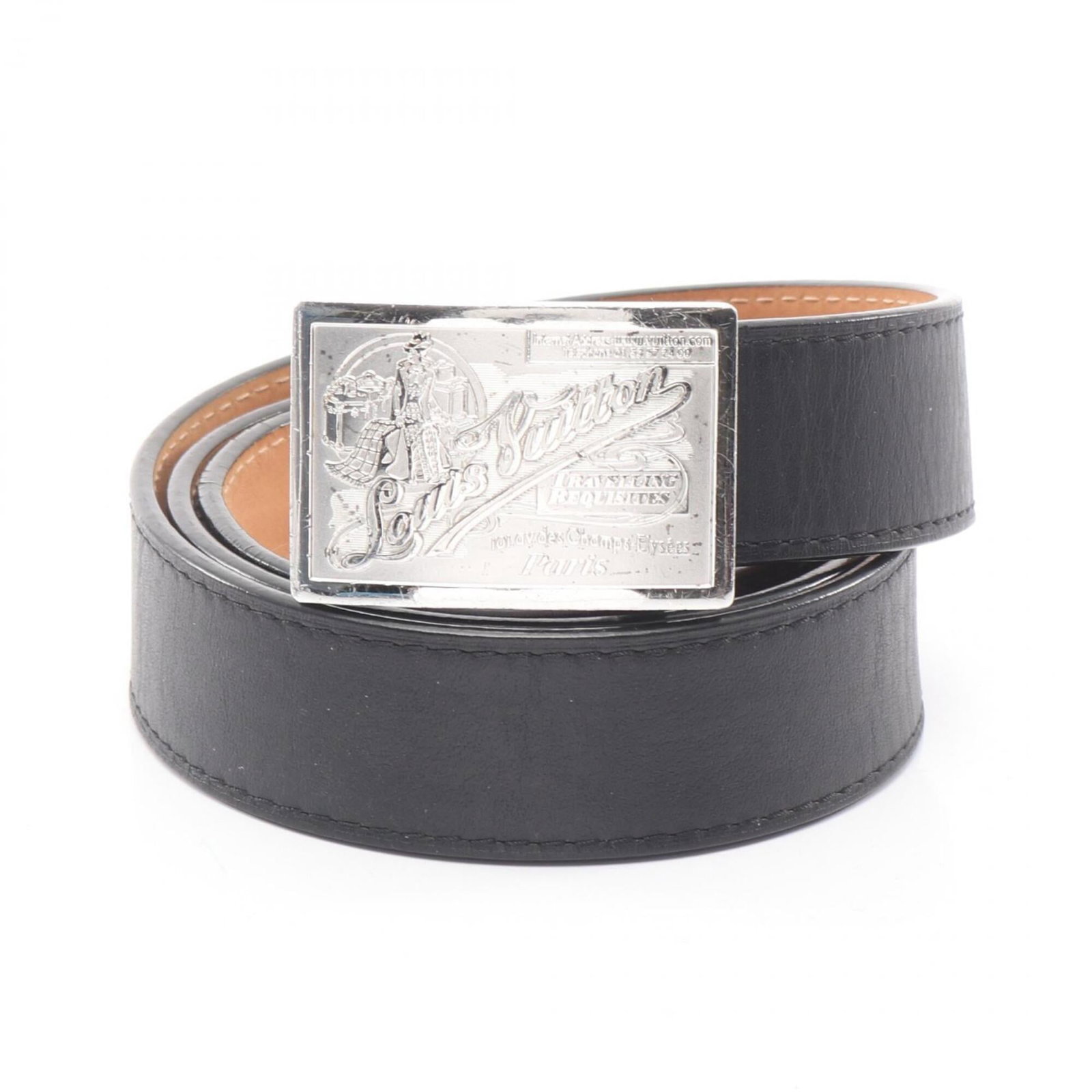 Standard Belt by Louis Vuitton: Standard Belt by Louis Vuitton Standard Belt by Louis Vuitton, crafted from high-quality black leather, features a classic design with subtle scratches and signs of usage. Measuring between 75cm-85cm 