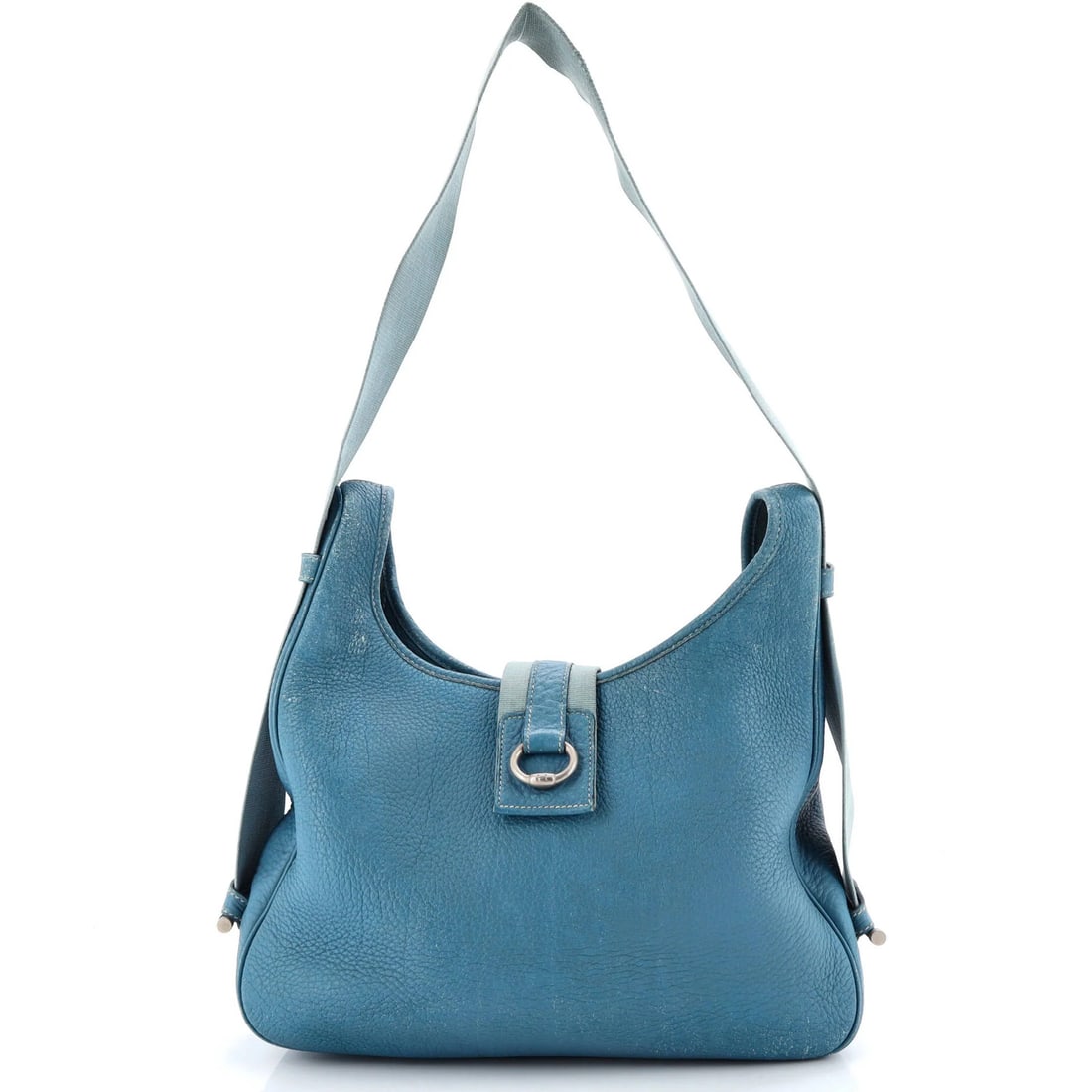 Clemence shoulder bag by Hermes Tsako: Clemence shoulder bag by Hermes Tsako The Clemence shoulder bag by Hermes Tsako boasts a striking blue leather exterior, featuring heavy scuffs and creases throughout. With its unique raw leather inte