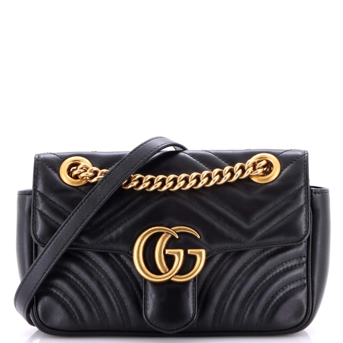 Gucci GG Marmont Flap Bag Matelasse Leather Mini: Gucci GG Marmont Flap Bag Matelasse Leather Mini Black Matelasse Leather Mini Gucci GG Marmont Flap Bag with Aged Gold Hardware, featuring a neutral microfiber interior and a classic cross-body design