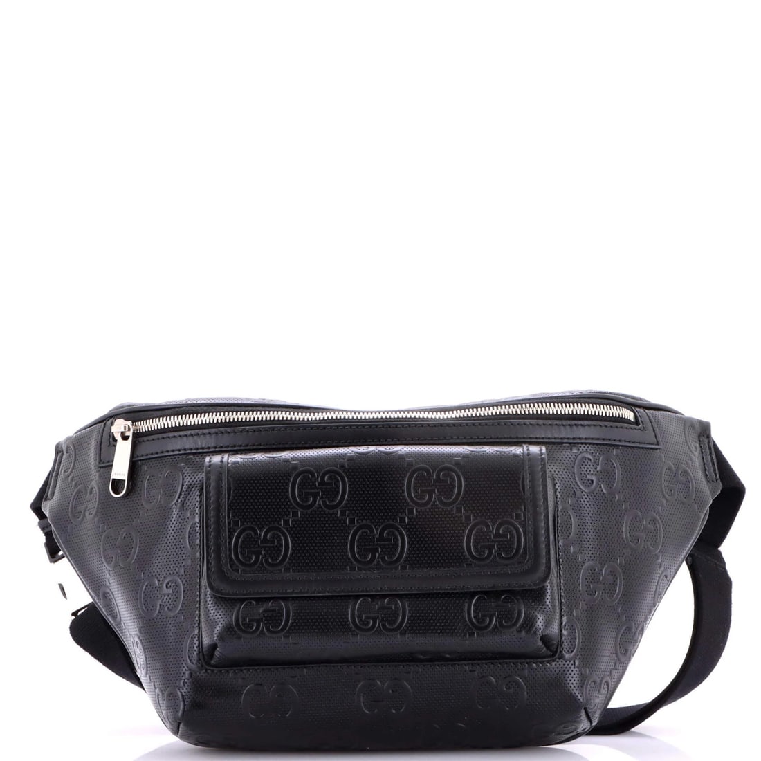Gucci leather bag front pocket belt GG embossed perforated: Gucci leather bag front pocket belt GG embossed perforated Black Gucci leather bag front pocket belt GG embossed perforated, featuring scuffs and edge wear on the exterior. The strap drops between 12-