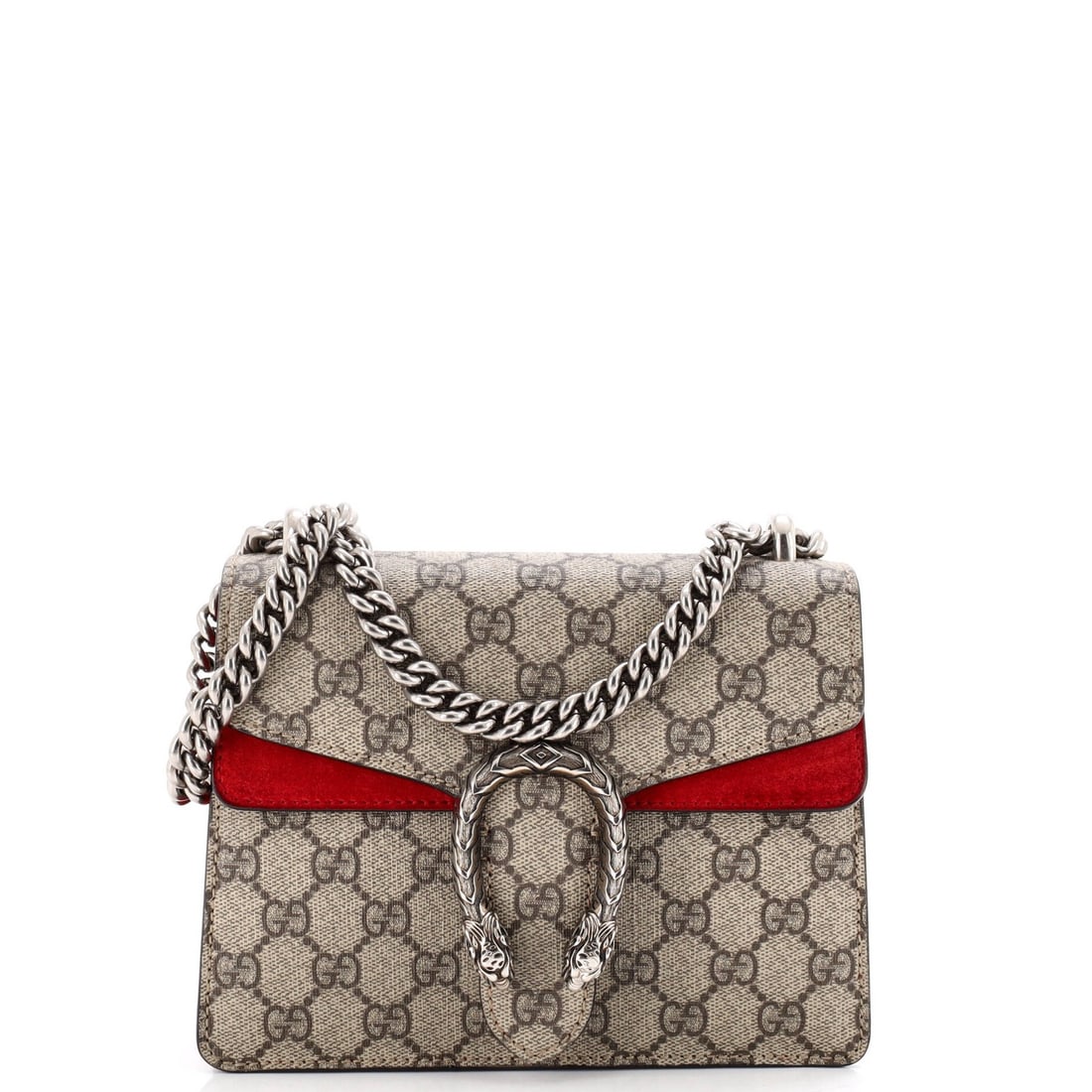 Gucci Dionysus Bag GG Coated Canvas Mini: Gucci Dionysus Bag GG Coated Canvas Mini The Gucci Dionysus Bag GG Coated Canvas Mini boasts a striking red exterior with discoloration and scuffs, showcasing its unique character. With a suede interi