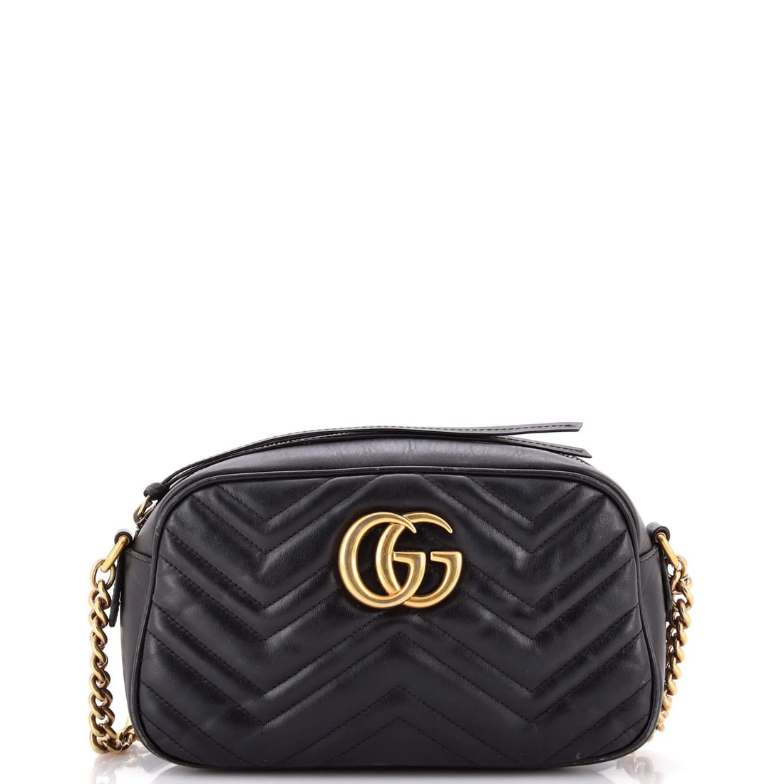 Gucci GG Marmont Shoulder Bag Matelasse Leather Small: Gucci GG Marmont Shoulder Bag Matelasse Leather Small Small Gucci GG Marmont Shoulder Bag in Black Matelasse Leather, featuring a classic cross body design with aged gold hardware. The bag showcases s