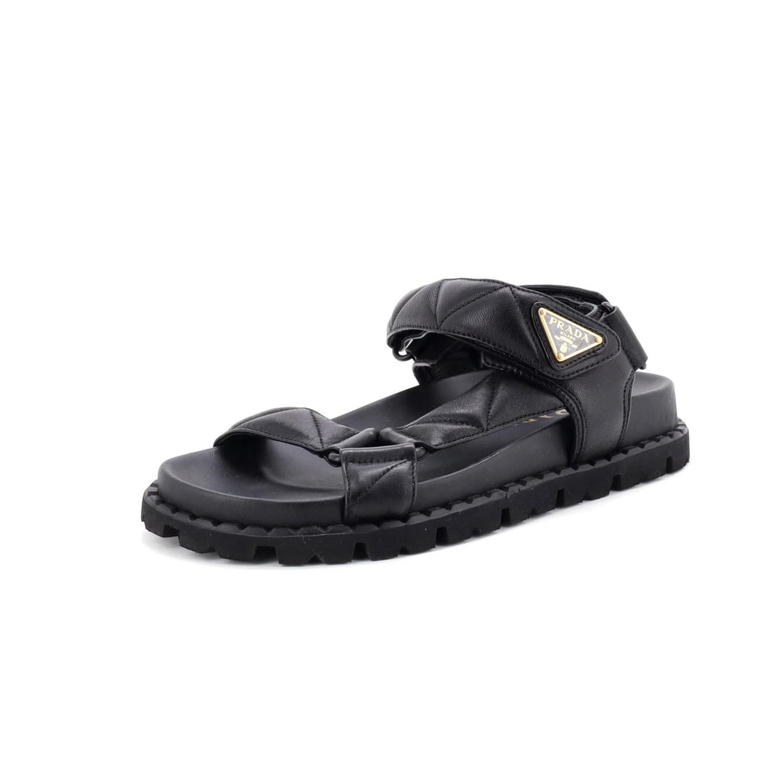 Sandals Quilted Leather Women's Sporty Prada Fussbett: Sandals Quilted Leather Women's Sporty Prada Fussbett Quilted leather details add sporty flair to these Prada Fussbett sandals. Made from high-quality black leather, the exterior features a sleek