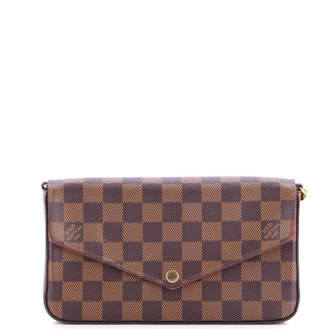 Felicie Pochette by Louis Vuitton: Felicie Pochette by Louis Vuitton The Felicie Pochette by Louis Vuitton boasts a classic design with a brown canvas exterior and gold hardware, featuring a card holder pouch and adjustable strap. Meas