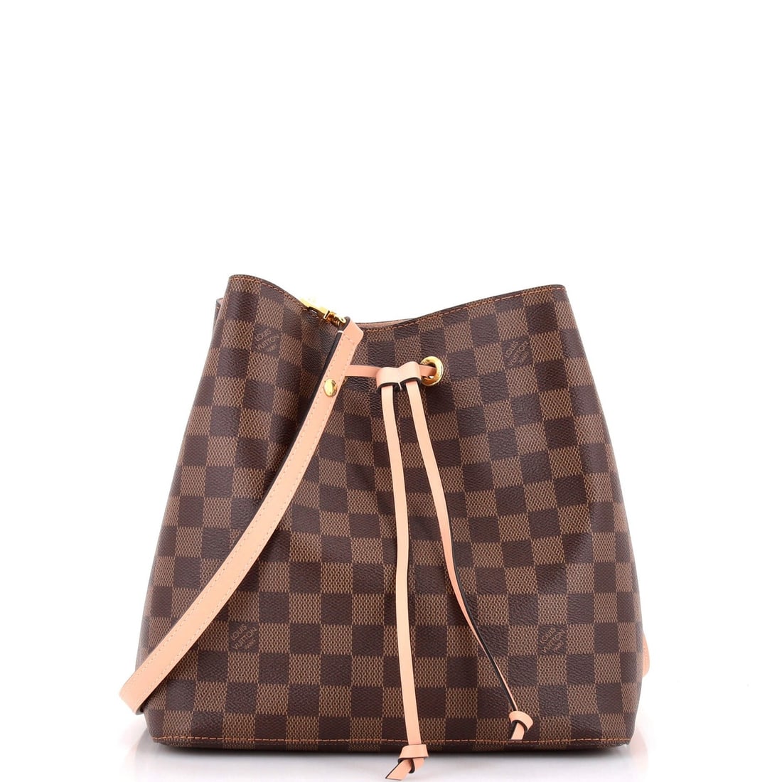 Louis Vuitton NeoNoe Handbag Damier with Leather MM: Louis Vuitton NeoNoe Handbag Damier with Leather MM Pink Damier with Leather MM Louis Vuitton NeoNoe Handbag in great condition, featuring minor creases and edge wear on the exterior. The canvas-coate