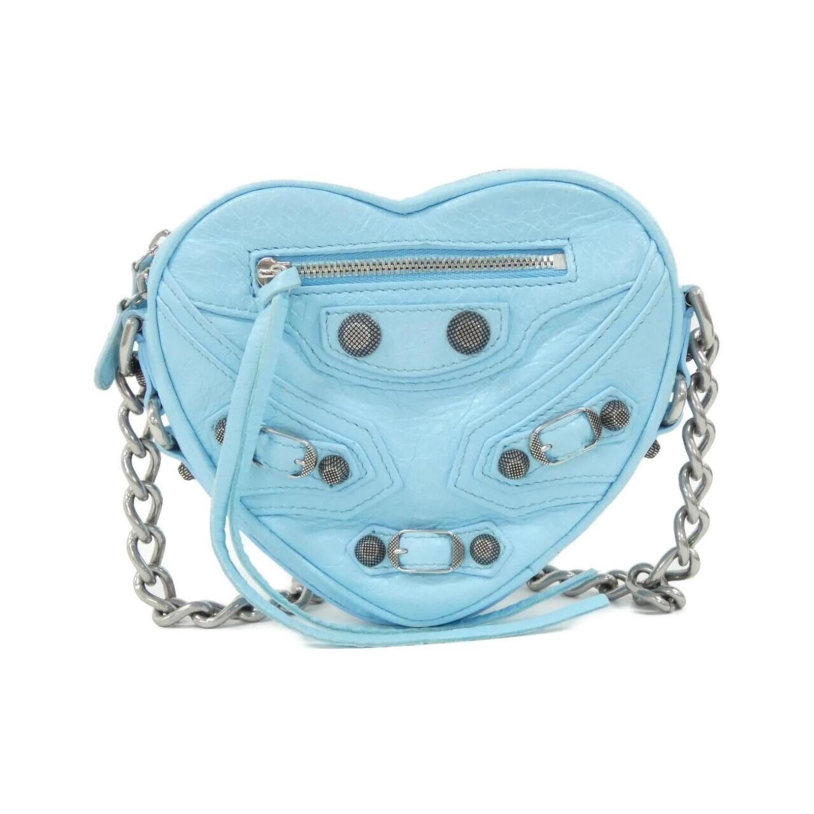 Balenciaga Handbag Shoulder Bag Leather: Balenciaga Handbag Shoulder Bag Leather Light blue lambskin Balenciaga shoulder bag with a classic design, featuring a subtle sheen to the leather. Measuring 13cm x 15cm x 4cm, it weighs 310g and