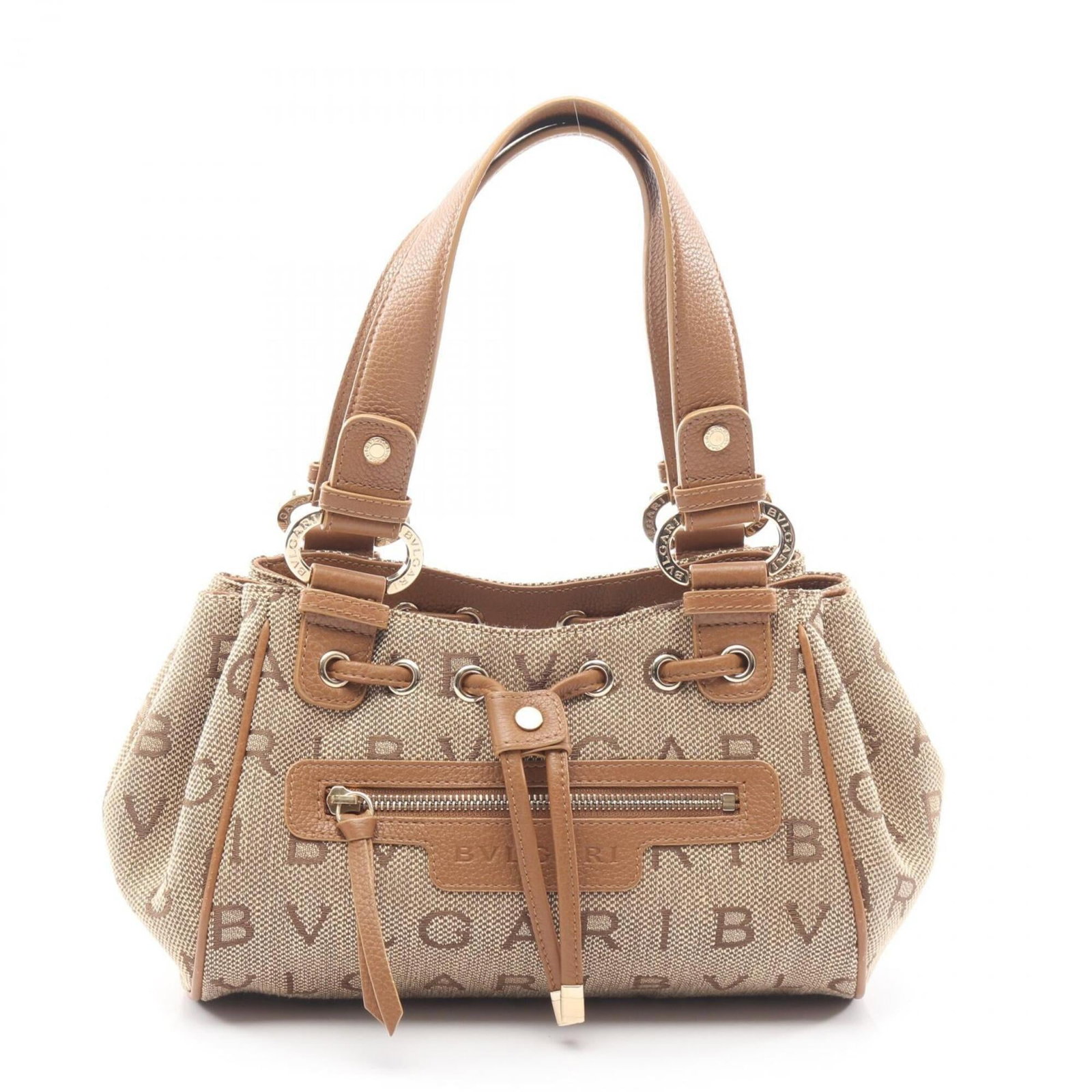 Bvlgari Handbag Canvas Leather: Bvlgari Handbag Canvas Leather Canvas and leather blend in this understated Bvlgari handbag, available in beige with brown accents. Measuring 17cm x 27cm x 11cm, it features a classic design with
