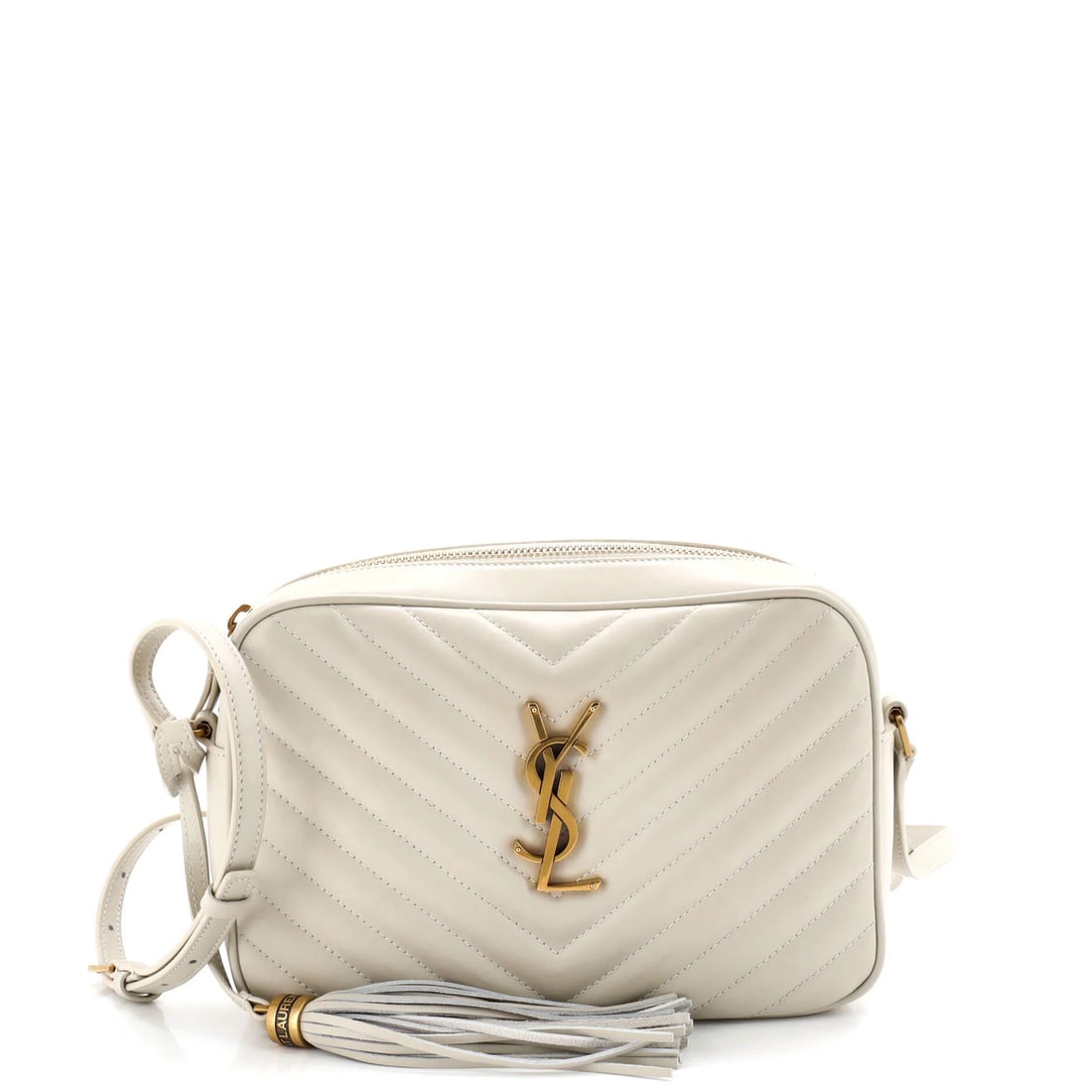 Lou camera bag small matelasse leather chevron saint laurent: Lou camera bag small matelasse leather chevron saint laurent Small, neutral-colored Saint Laurent Lou camera bag with matelasse leather and chevron design. This cross-body bag features aged gold