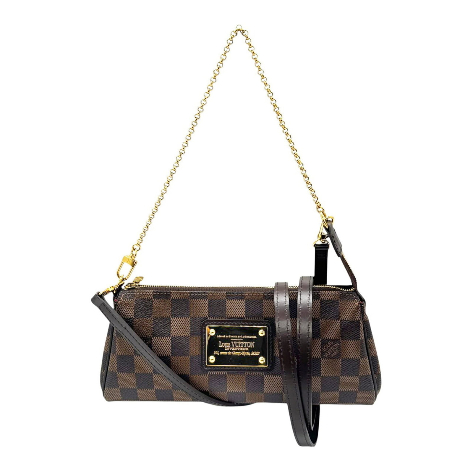 Canvas Damier Pochette Bag Vuitton Louis: Canvas Damier Pochette Bag Vuitton Louis Damier canvas pattern adds visual interest to this classic Louis Vuitton pochette bag. The brown and Damier Ebene color combination gives it a timeless,