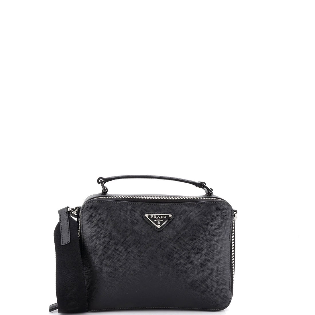 Saffiano leather small crossbody bag from Prada: Saffiano leather small crossbody bag from Prada Saffiano leather provides a durable and luxurious finish to the Prada Brique Crossbody Bag, with its black exterior featuring scuffs, edge wear, corner