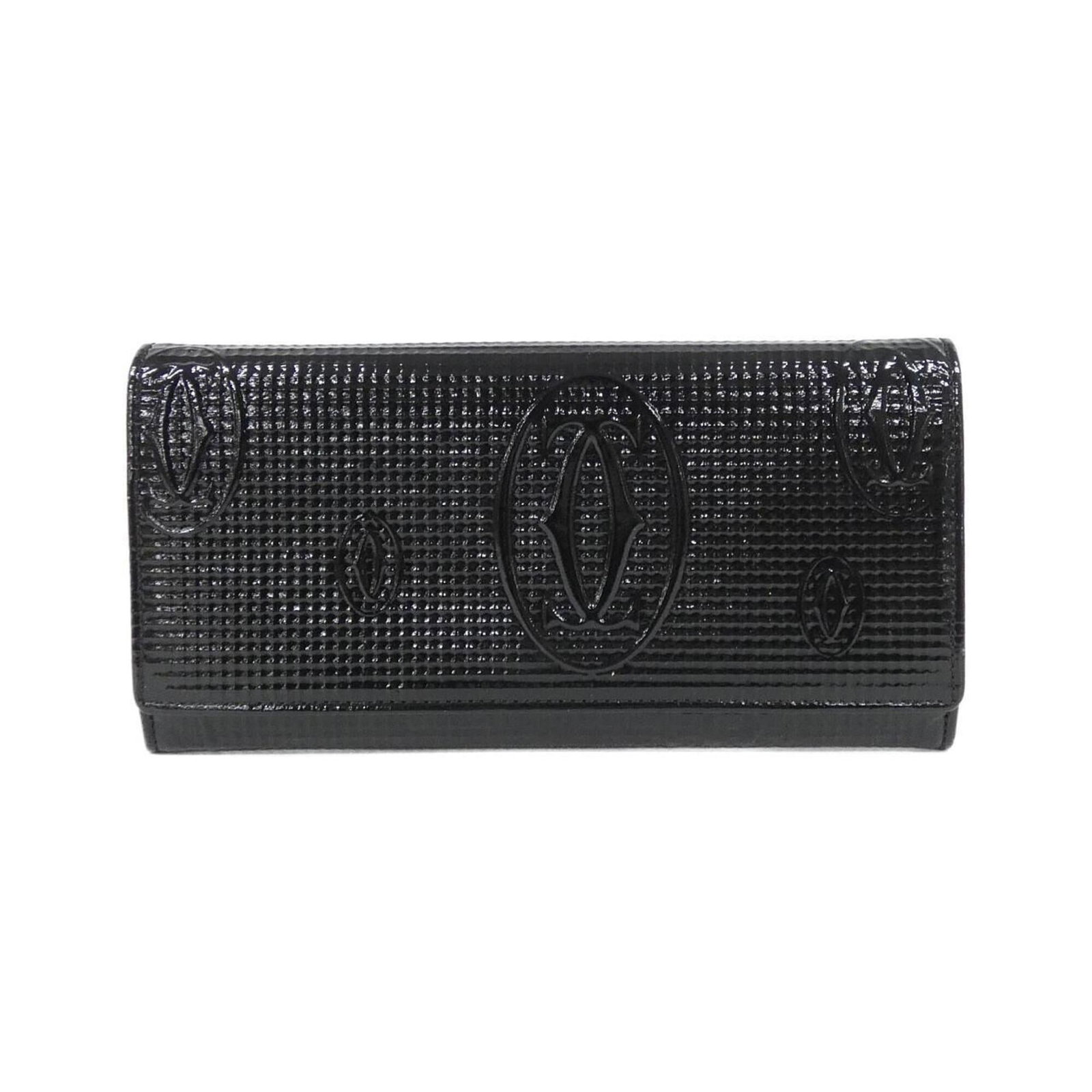 Long Wallet Leather Bi Fold Cartier: Long Wallet Leather Bi Fold Cartier Long wallet in black Calfskin leather, measuring 9cm x 20cm x 2cm. The bi-fold design features a classic Cartier style with some traces of usage visible, including
