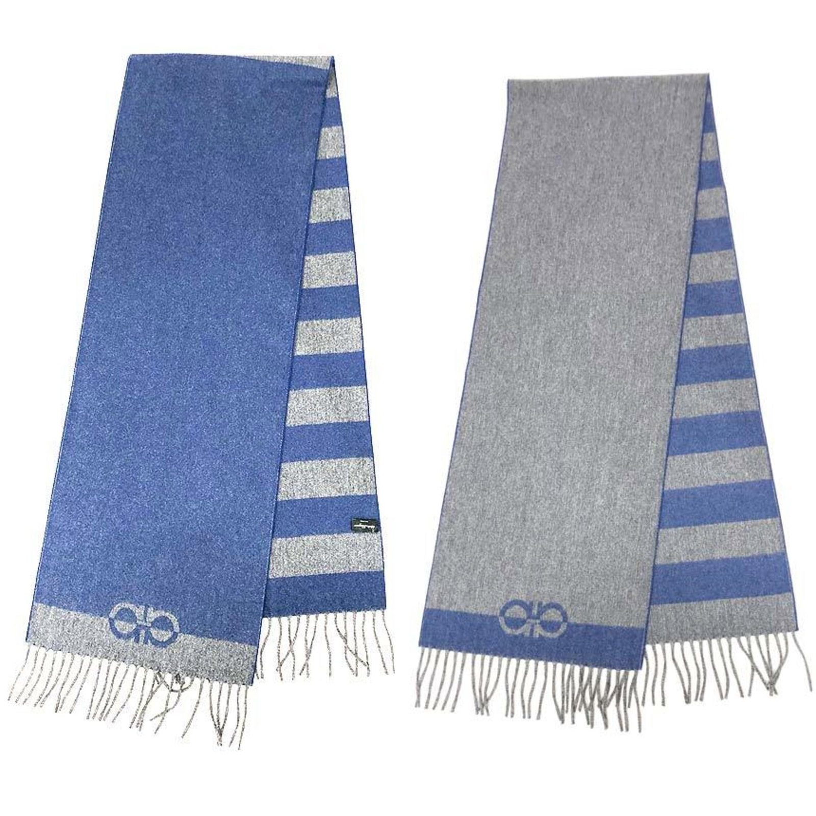 Blue Gray Cashmere Wool Scarf Border Pattern X Gancini Salvatore Ferragamo: Blue Gray Cashmere Wool Scarf Border Pattern X Gancini Salvatore Ferragamo Blue Gray Cashmere Wool Scarf Border Pattern X Gancini Salvatore Ferragamo features a unique border pattern in blue, gray,