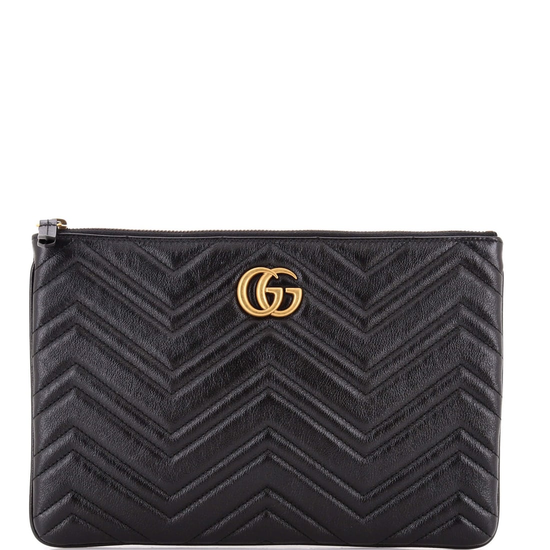 Gucci Gg Marmont Clutch Matelasse Leather: Gucci Gg Marmont Clutch Matelasse Leather Black Gucci GG Marmont Clutch Matelasse Leather with aged gold hardware, featuring scuffs and edge wear on the exterior and minor discoloration. The interior 