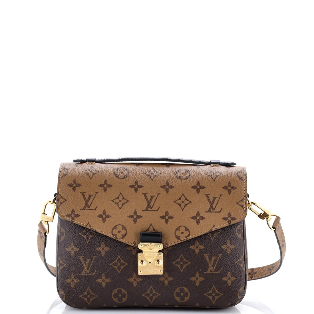 Monogram Canvas Reverse Louis Vuitton Pochette: Monogram Canvas Reverse Louis Vuitton Pochette Brown Monogram Canvas Reverse Louis Vuitton Pochette with minor scuffs and edge wear, featuring a cross body design with gold hardware and microfiber int