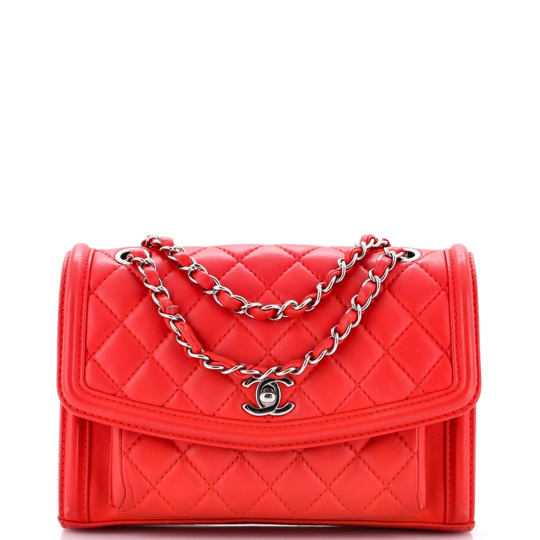 Quilted Lambskin Bag Flap Geometric Chanel Large: Quilted Lambskin Bag Flap Geometric Chanel Large Quilted Lambskin Bag Flap Geometric Chanel Large features a striking red exterior with heavy corner wear, scuffs, and edge wear. The interior is also r