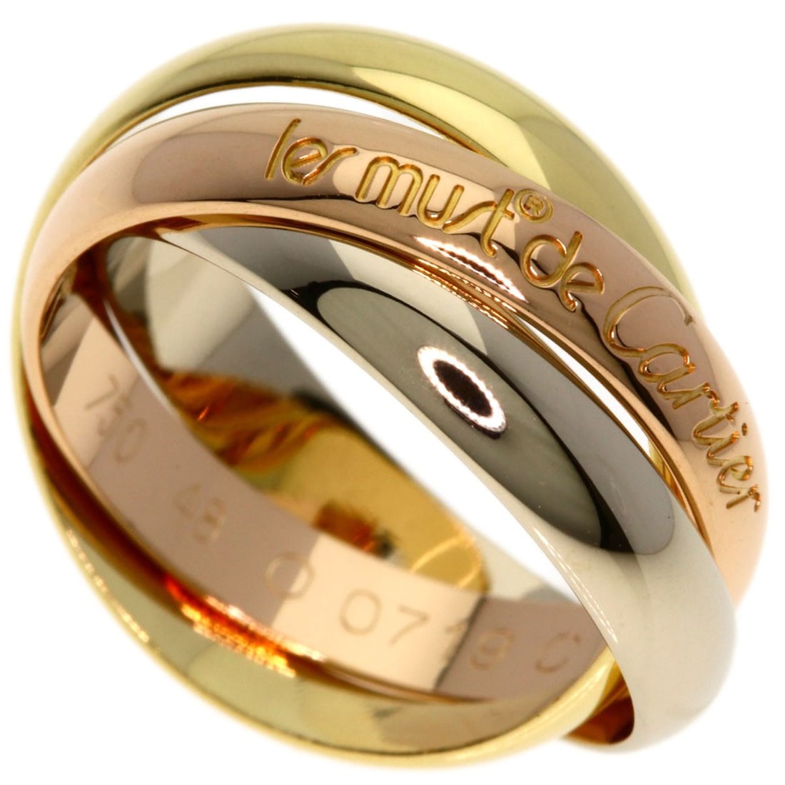 Gold K18 Yellow Trinity Ring #48 Pink 18k Cartier: Gold K18 Yellow Trinity Ring #48 Pink 18k Cartier K18 Yellow Cartier Trinity Ring #48 features a striking gold design with no main stone. This beautiful piece boasts the signature of its creator,