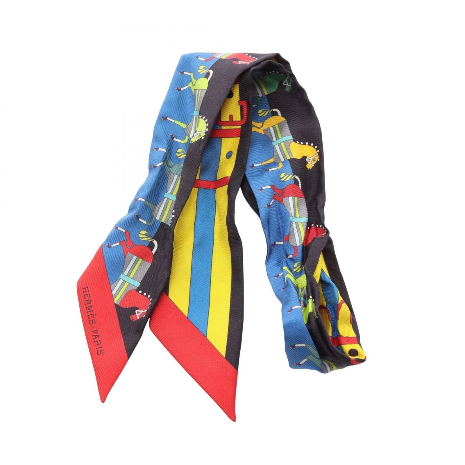 Silk scarf from Hermes: Silk scarf from Hermes Silk scarf from iconic luxury brand Hermes, boasting a vibrant multi-color design and subtle red accents. The scarf measures 85cm x 5cm, showcasing its compact size and elegant 
