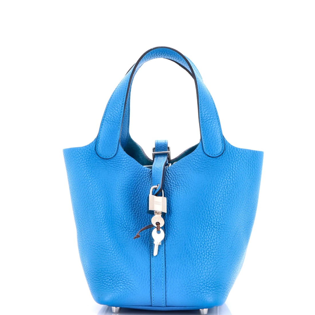 Hermes Picotin Lock Bag Clemence PM: Hermes Picotin Lock Bag Clemence PM The Hermes Picotin Lock Bag Clemence PM boasts a striking blue exterior with premium leather construction, featuring a Palladium hardware accent. With its classic b