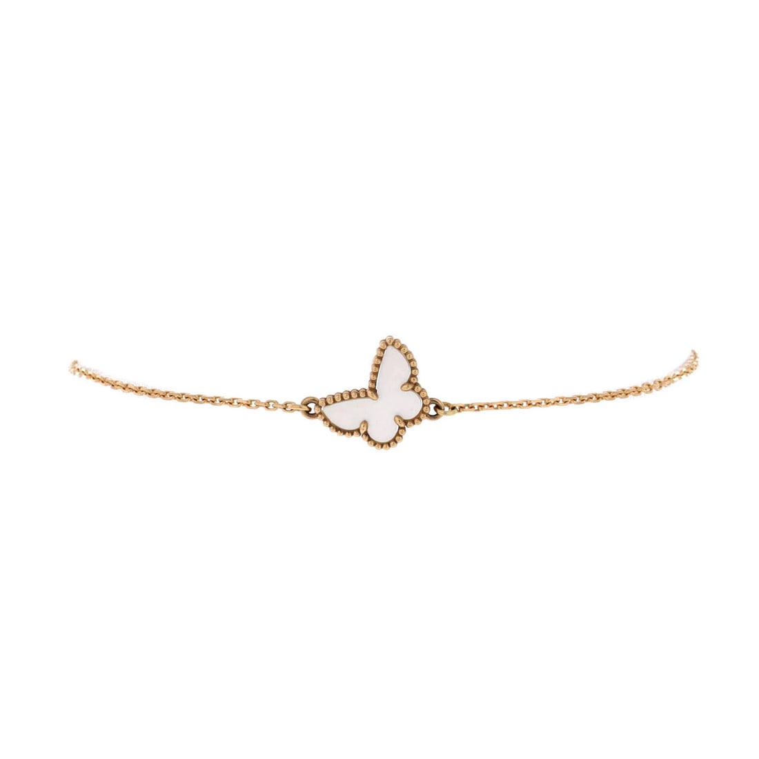 Sweet Alhambra Butterfly by Van Cleef & Arpels in 18k Yellow Gold with Mother: Sweet Alhambra Butterfly by Van Cleef & Arpels in 18k Yellow Gold with Mother 18K Yellow Gold and Mother of Pearl Sweet Alhambra Butterfly Bracelet in Great Condition. This exquisite piece features th