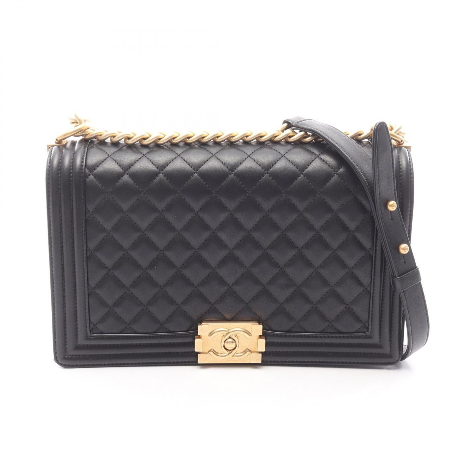 Chanel Handbag Shoulder Bag Leather: Chanel Handbag Shoulder Bag Leather This black Chanel shoulder bag features lambskin leather and measures 15cm x 28cm x 7cm. With some minor scratches and dirt, it remains in very good condition,