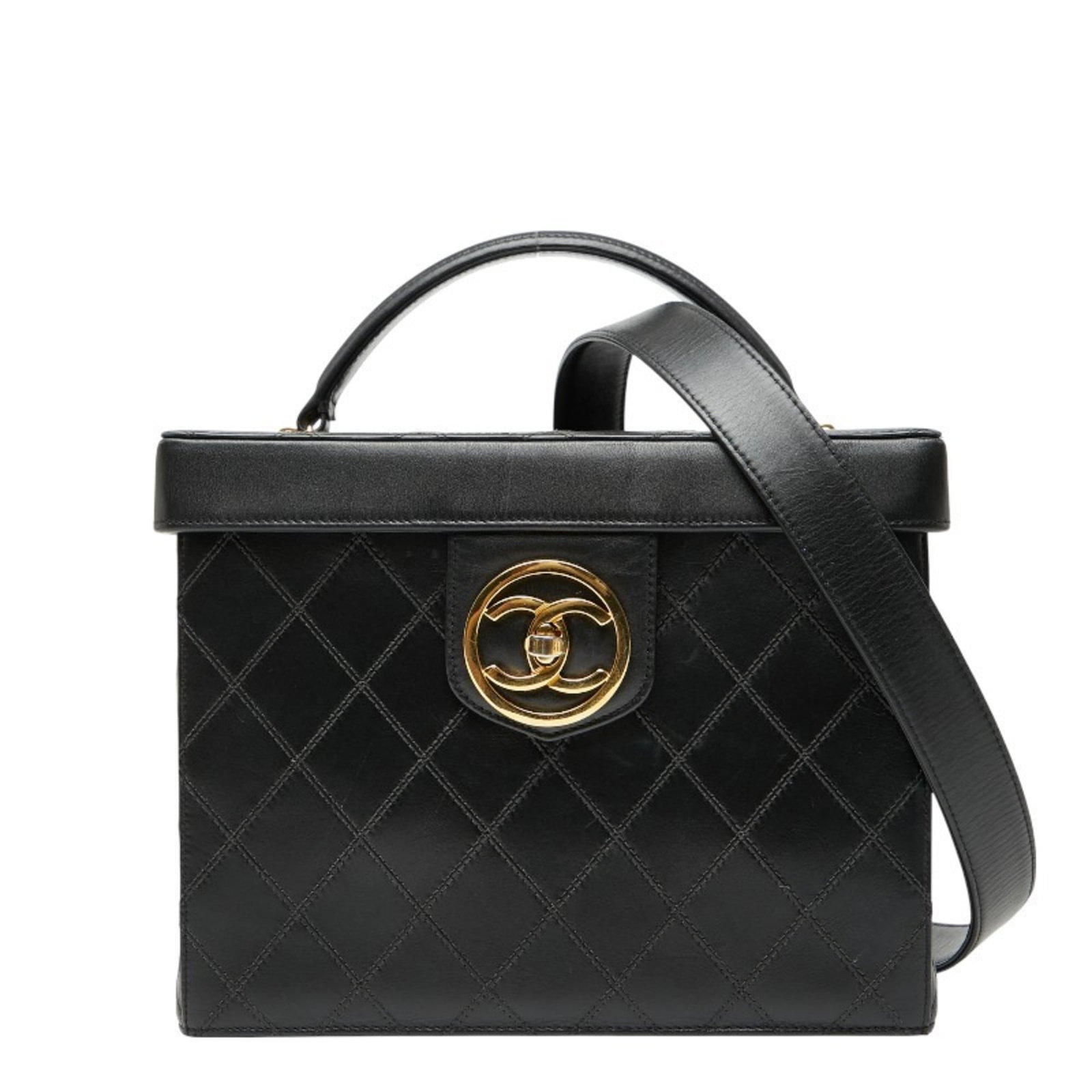 Vanity Bag Leather Chanel Shoulder: Vanity Bag Leather Chanel Shoulder Black Lambskin Leather Chanel Vanity Bag with Turn Lock Closure, featuring a classic shoulder design and spacious interior. Measuring 18cm x 23cm x 13.5cm, this used
