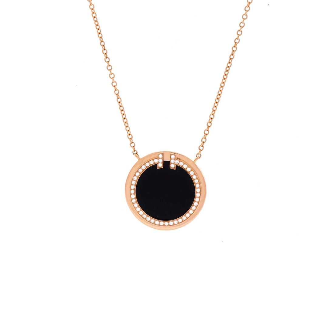 Tiffany Co Circle Pendant Necklace 18K Rose Gold with Onyx Diamonds (1 of 3)