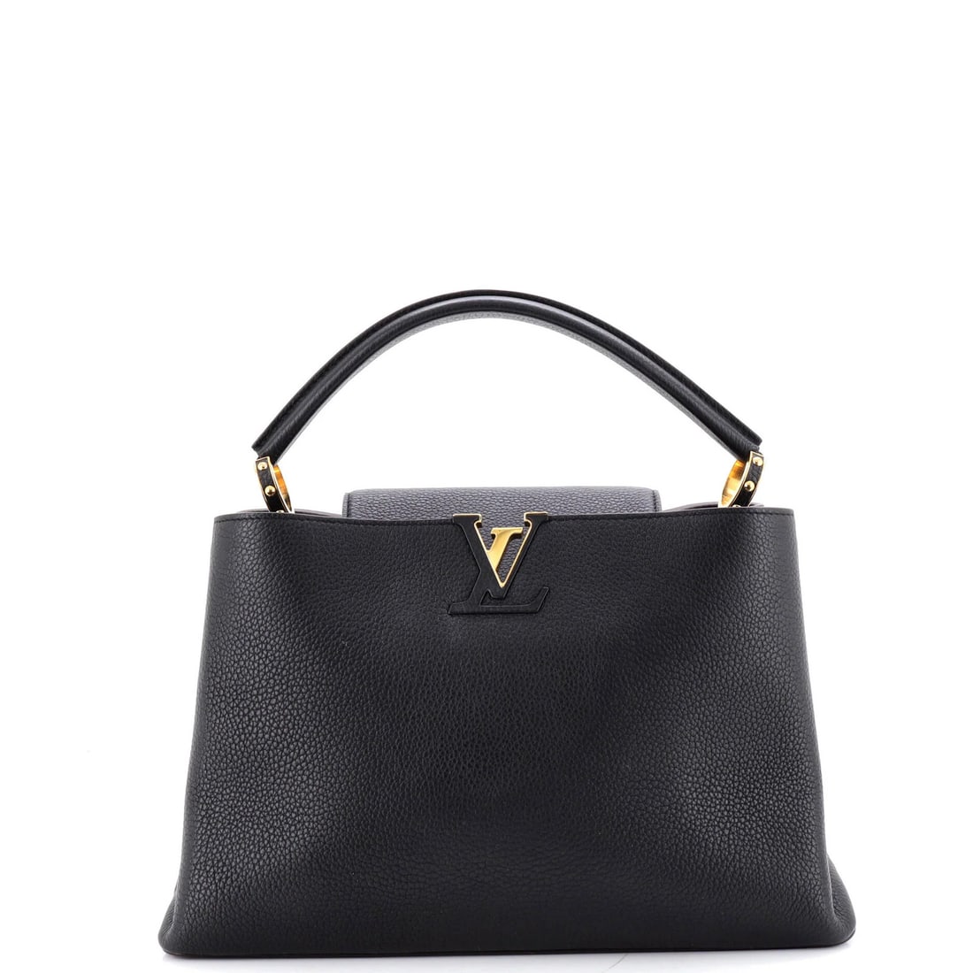 Capucines Bag Leather MM by Louis Vuitton: Capucines Bag Leather MM by Louis Vuitton The Capucines Bag Leather MM by Louis Vuitton boasts sleek black leather exterior and interior, adorned with gold hardware. This stylish top-handle bag featur
