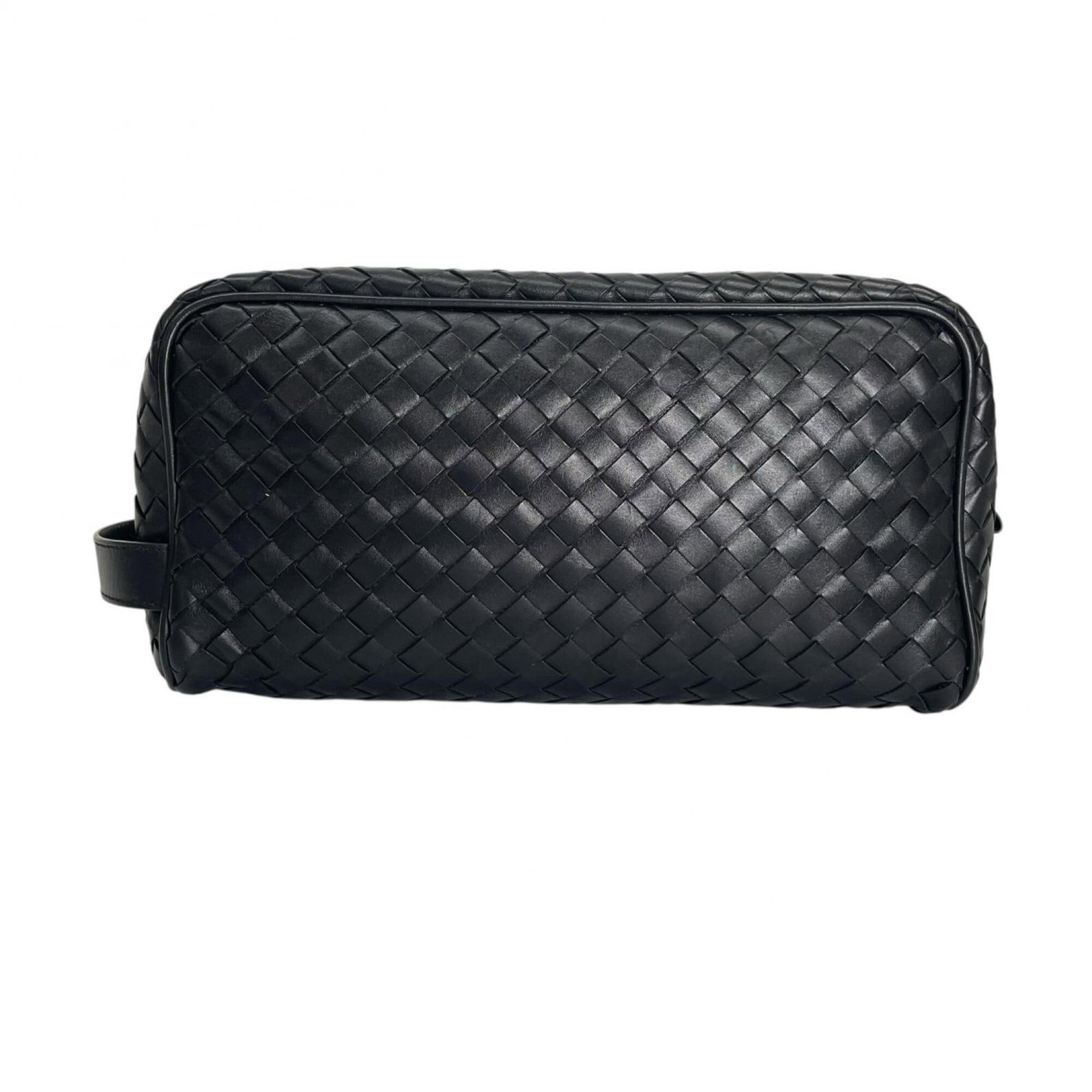 Leather Clutch Bag By Veneta Bottega: Leather Clutch Bag By Veneta Bottega Black leather clutch bag by Bottega Veneta, featuring a zipper closure and measuring 13cm x 25cm x 10cm. The bag has some traces of usage with minor scratches and 