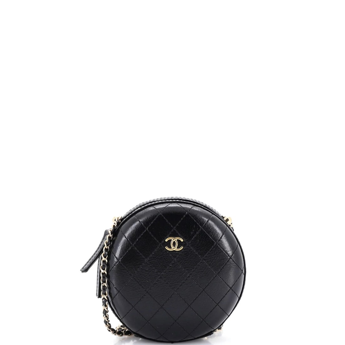 Chain Stitched Round Calfskin Small Chanel Bag Crossbody: Chain Stitched Round Calfskin Small Chanel Bag Crossbody Small Round Chain Stitched Calfskin Crossbody Bag in Black Leather, Featuring Gold Tone Hardware. This stylish crossbody bag boasts a classic