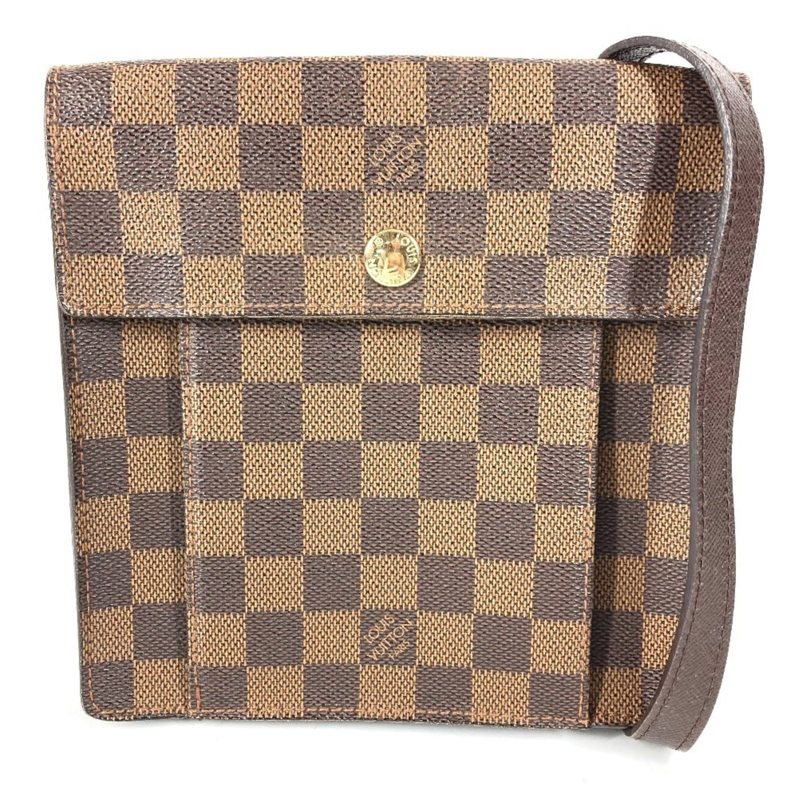 Canvas Damier Pochette Bag Vuitton Louis: Canvas Damier Pochette Bag Vuitton Louis Damier canvas pattern adds visual interest to this brown and Damier Ebene color Vuitton Louis Pochette bag. The bag's used condition shows traces of usage, scr