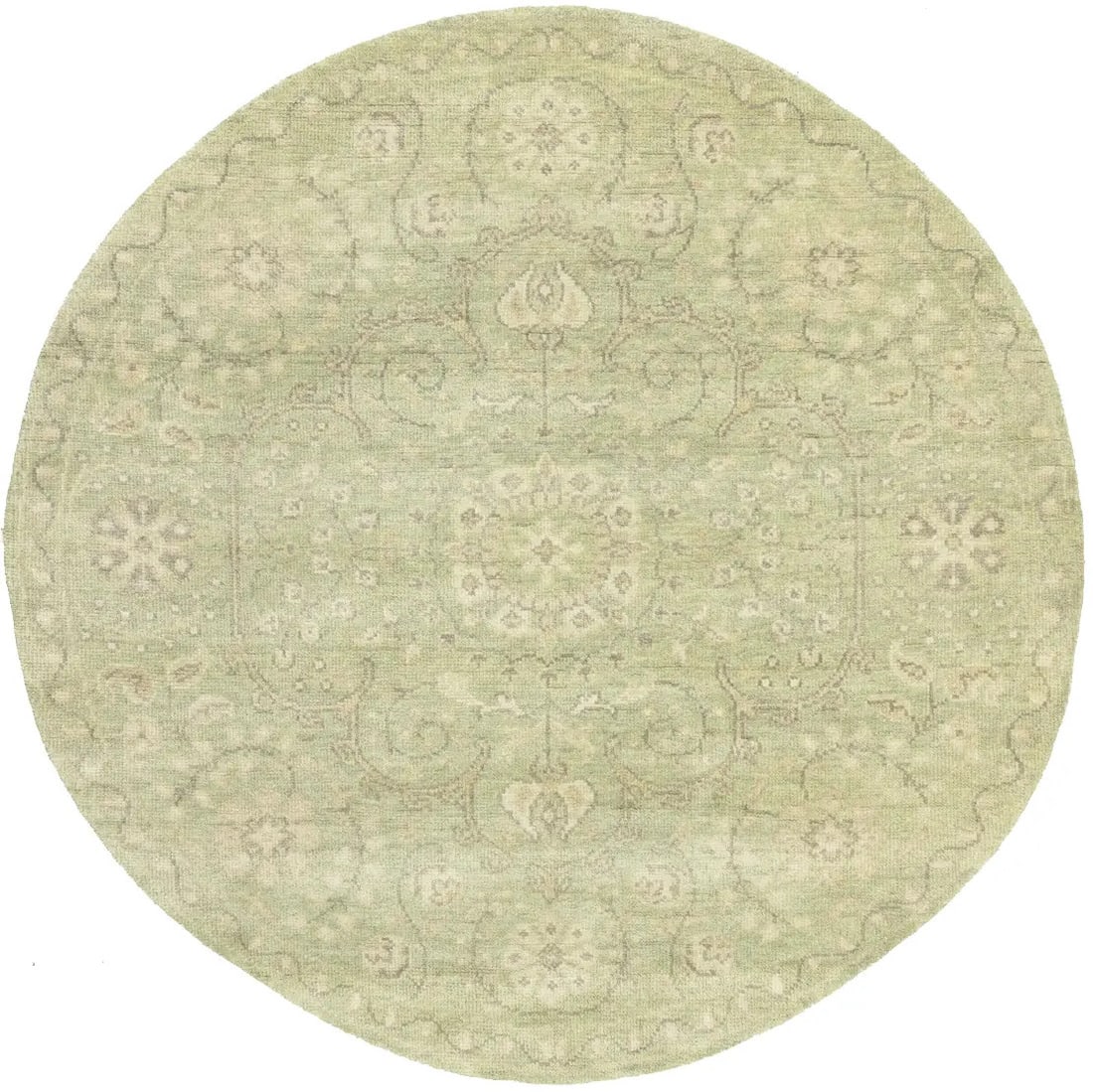 Floral rug round oriental carpet home decor wool green muted: Floral rug round oriental carpet home decor wool green muted Wool, hand-knotted in a modern design, adds a touch of elegance to any room with its muted green hues and subtle cream tones. This eco-frie