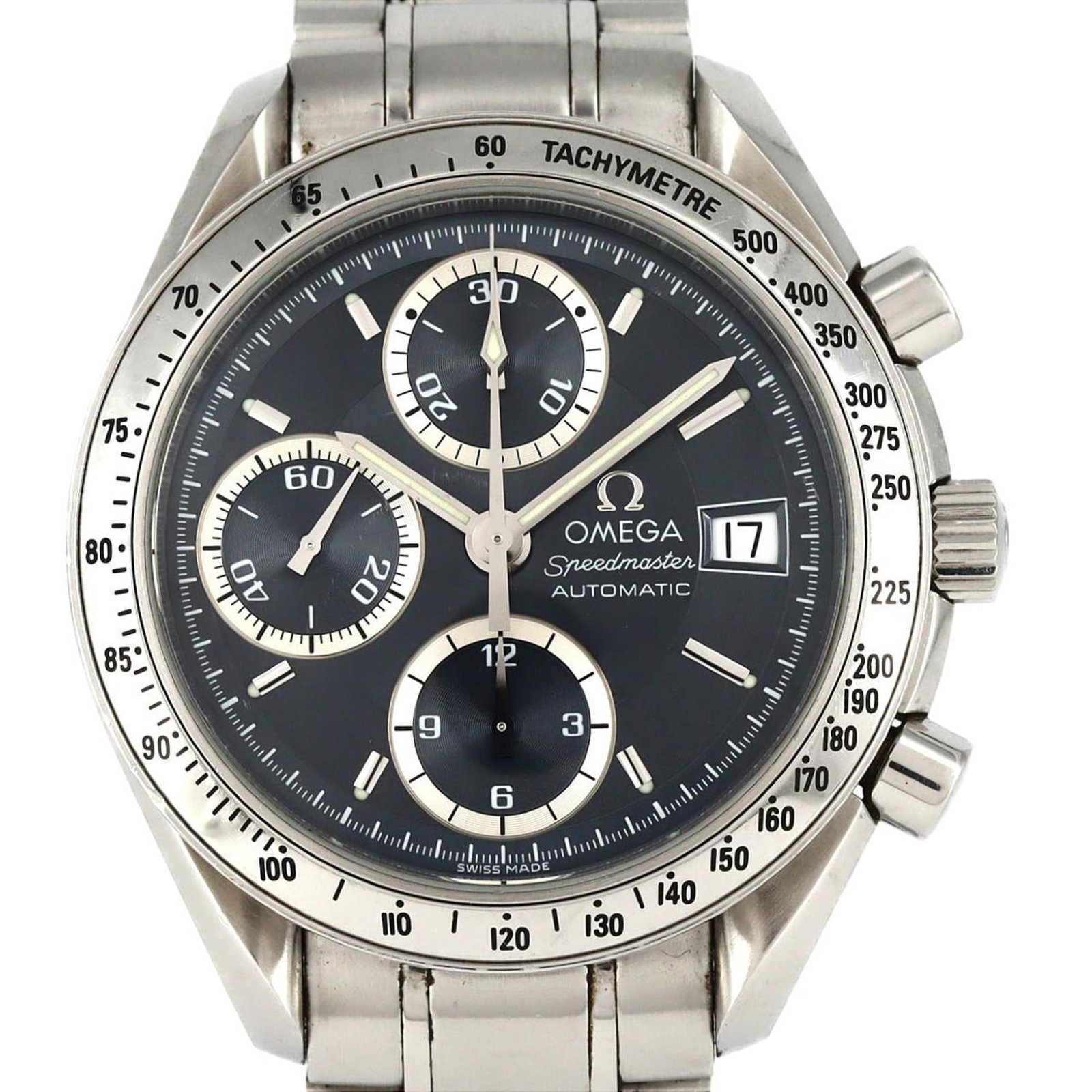 Wristwatch Omega: Wristwatch Omega Stainless steel case and band provide a durable foundation for this Omega wristwatch, featuring a gray dial. The 39mm diameter case fits wrists up to 20.5cm in size. With traces of us