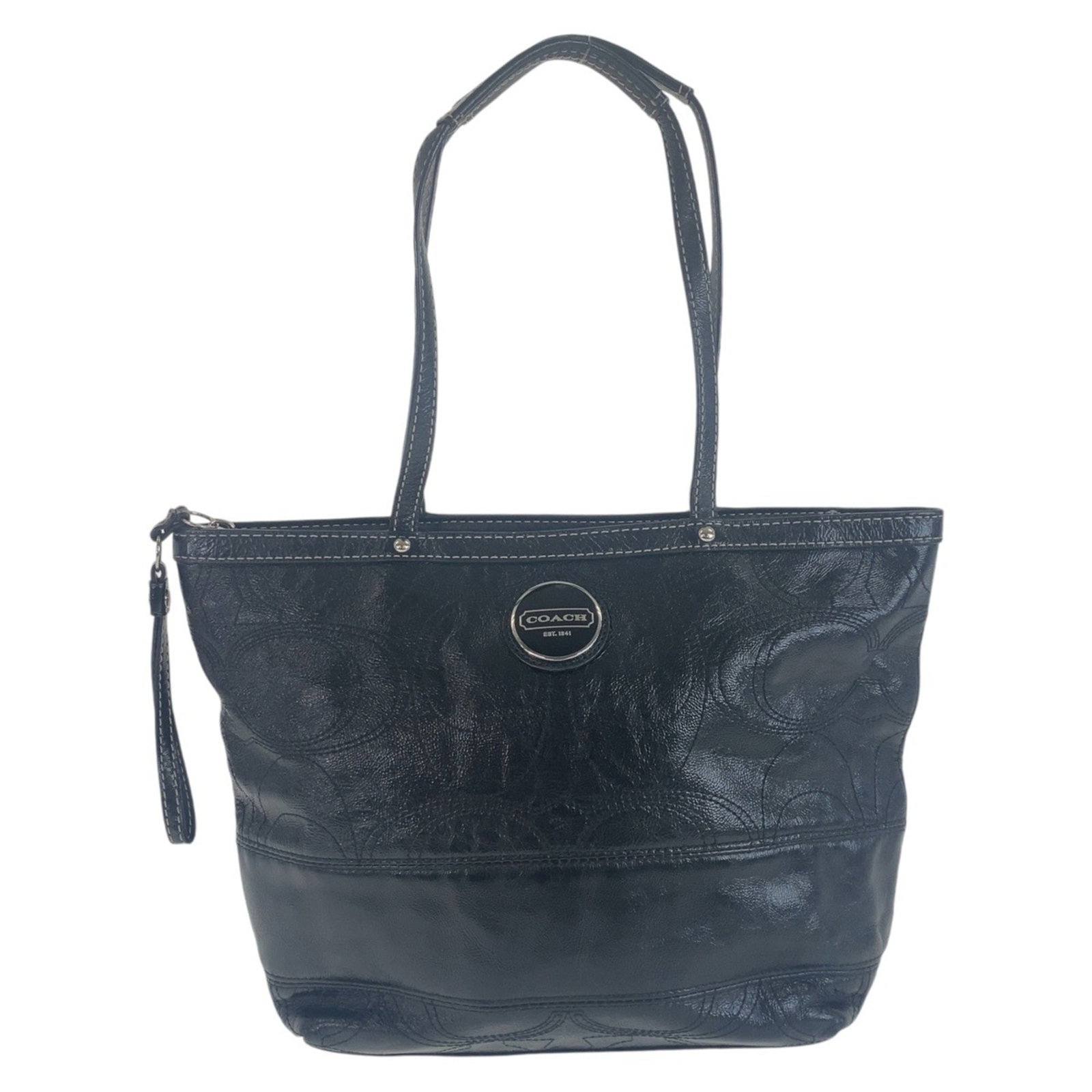 Shoulder bag tote leather coach: Shoulder bag tote leather coach Black leather shoulder bag tote with classic design, measuring 25cm x 35cm x 11cm. The bag has traces of usage and minor scratches/dirt, but remains in good condition o