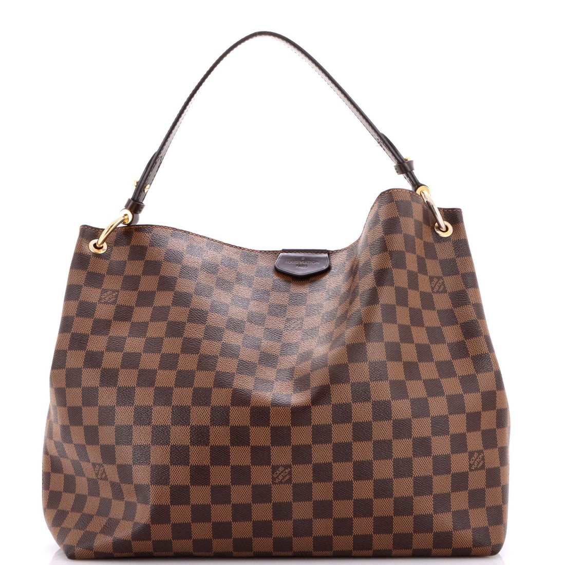 Graceful handbag Damier MM by Louis Vuitton: Graceful handbag Damier MM by Louis Vuitton Brown canvas coated Damier MM handbag with gold hardware, featuring scuffs and edge wear on the exterior. The interior boasts a striking red fabric lining. 