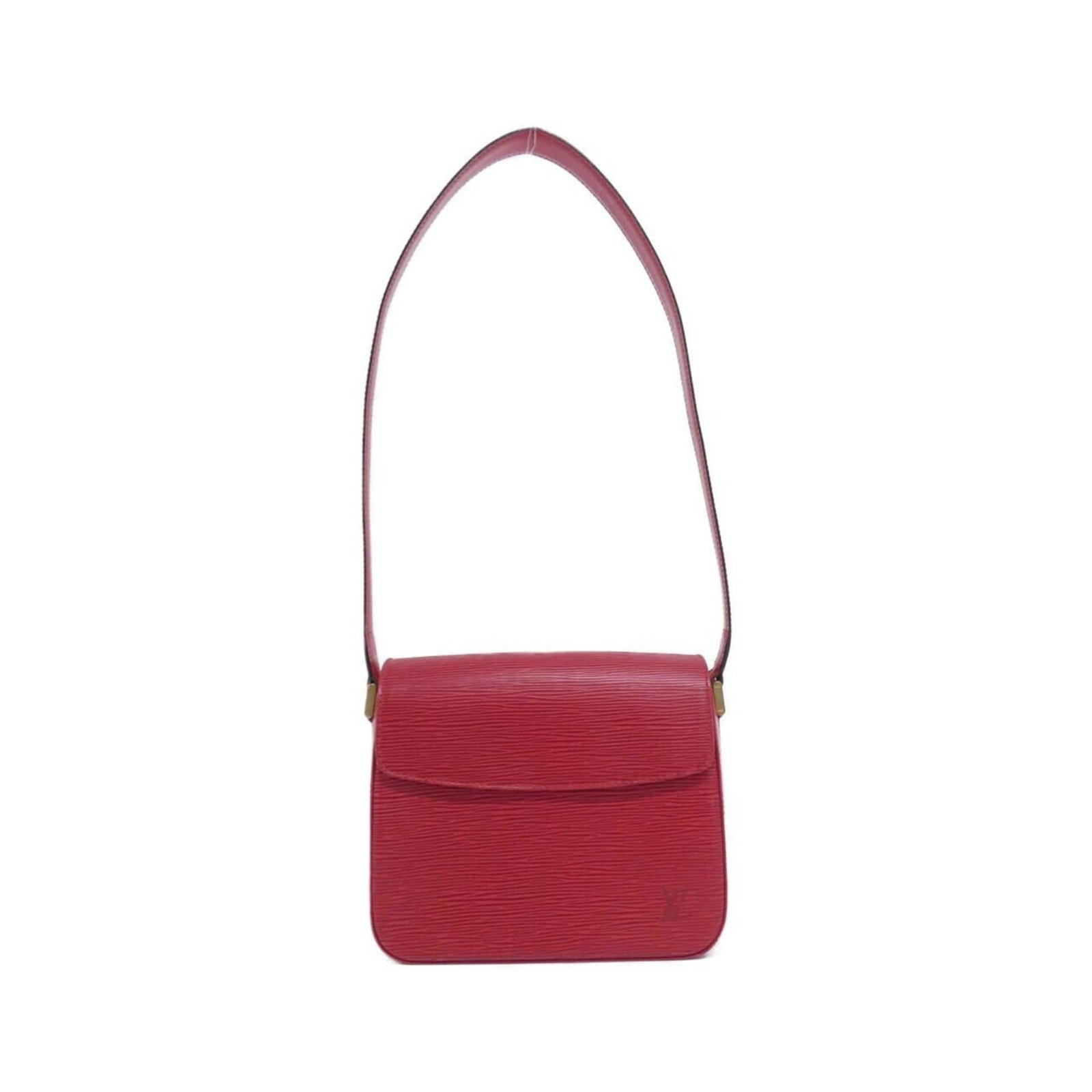 Shoulder Bag Leather Vuitton Louis: Shoulder Bag Leather Vuitton Louis Red Louis Vuitton shoulder bag made from high-quality calf leather, featuring gold hardware and a classic design. The bag has some minor scratches and dirt but remai
