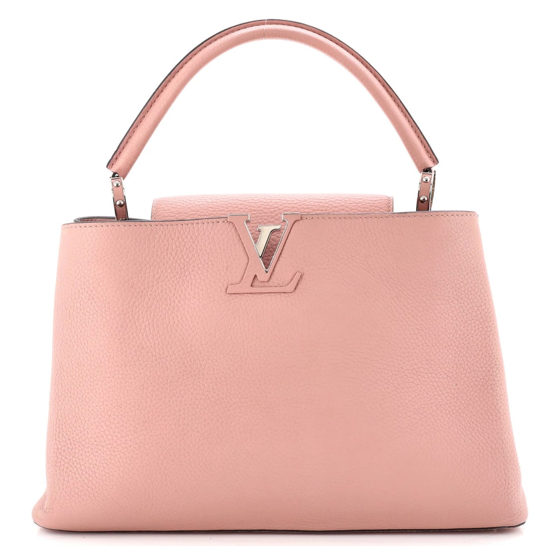 Capucines Bag Leather MM by Louis Vuitton: Capucines Bag Leather MM by Louis Vuitton Pink Capucines Bag Leather MM by Louis Vuitton, featuring exterior leather with minor cracking, scuffs, and creases. The bag measures 9" in height, 14" in