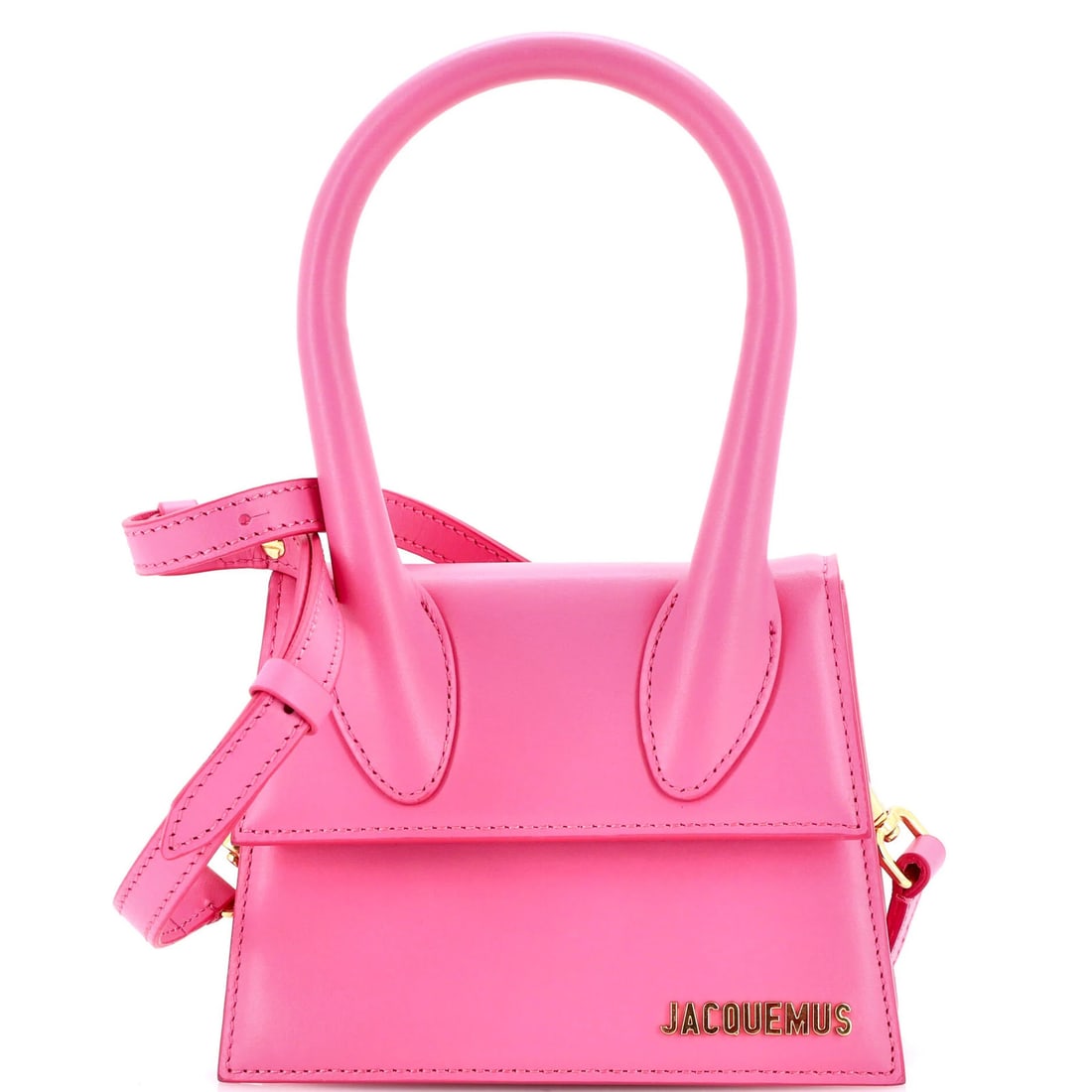 Leather Large Jacquemus Bag Grand Chiquito: Leather Large Jacquemus Bag Grand Chiquito Pink leather Jacquemus Large Grand Chiquito bag with gold hardware, featuring top handle and adjustable strap. The bag has scuffs on the exterior, minor