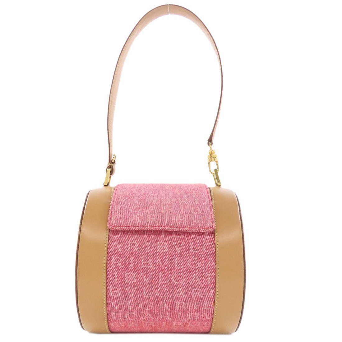 Bvlgari Logo Mania Handbag Canvas Leather: Bvlgari Logo Mania Handbag Canvas Leather Pink canvas Bvlgari Logo Mania handbag with pink exterior. This style features the iconic BVLGARI logo, adding a touch of luxury to its design. The canvas mat