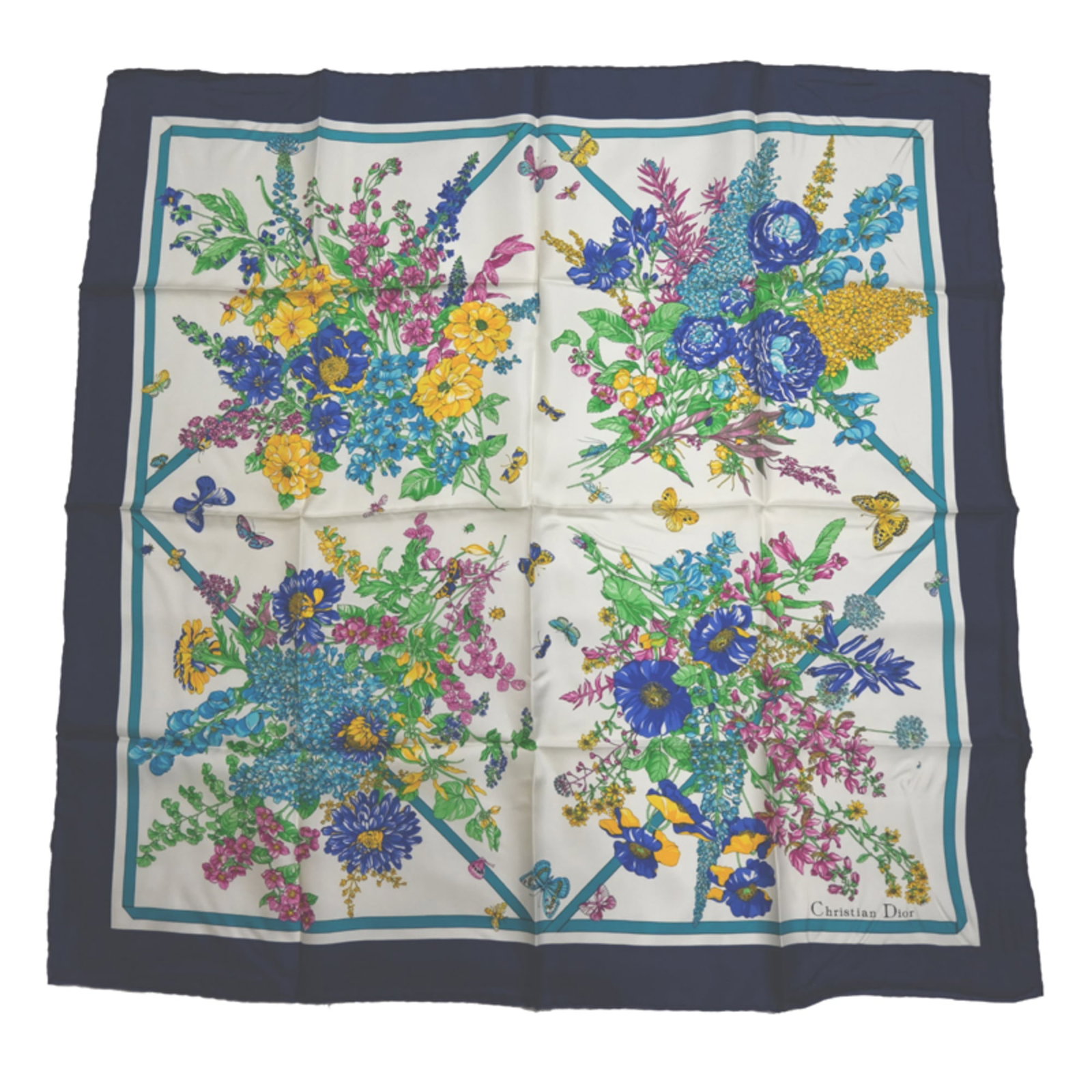 Silk Scarf by Christian Dior: Silk Scarf by Christian Dior Silk Scarf by Christian Dior, featuring a classic navy and white color combination. Made from high-quality silk, the scarf measures 90cm x 90cm and boasts a timeless