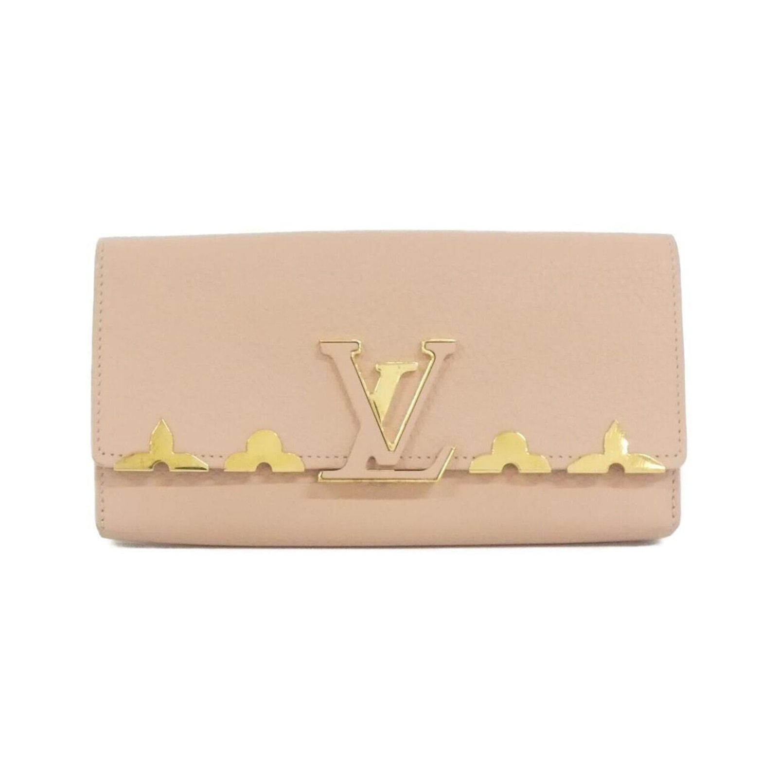 Louis Vuitton Portefeuille Capucines M64552 Wallet: Louis Vuitton Portefeuille Capucines M64552 Wallet Pink Louis Vuitton Portefeuille Capucines M64552 Wallet for sale, featuring a classic design with a few traces of usage and some scratches/dirt visib